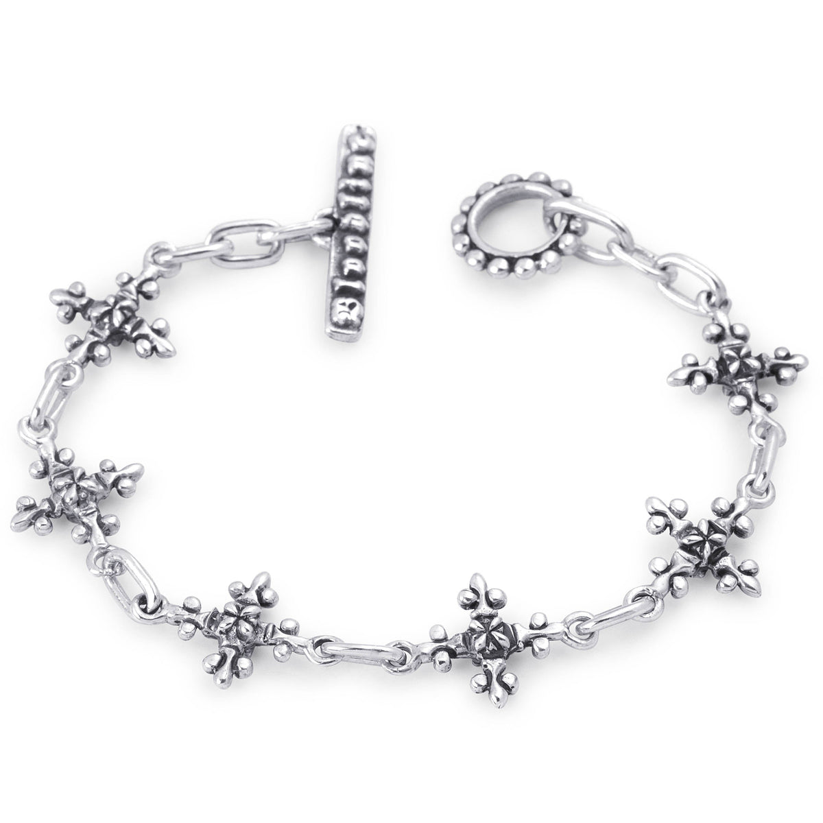 Bloodline Design Antique French Cross sterling silver bracelet with ornate 14mm cross links and an open toggle clasp.