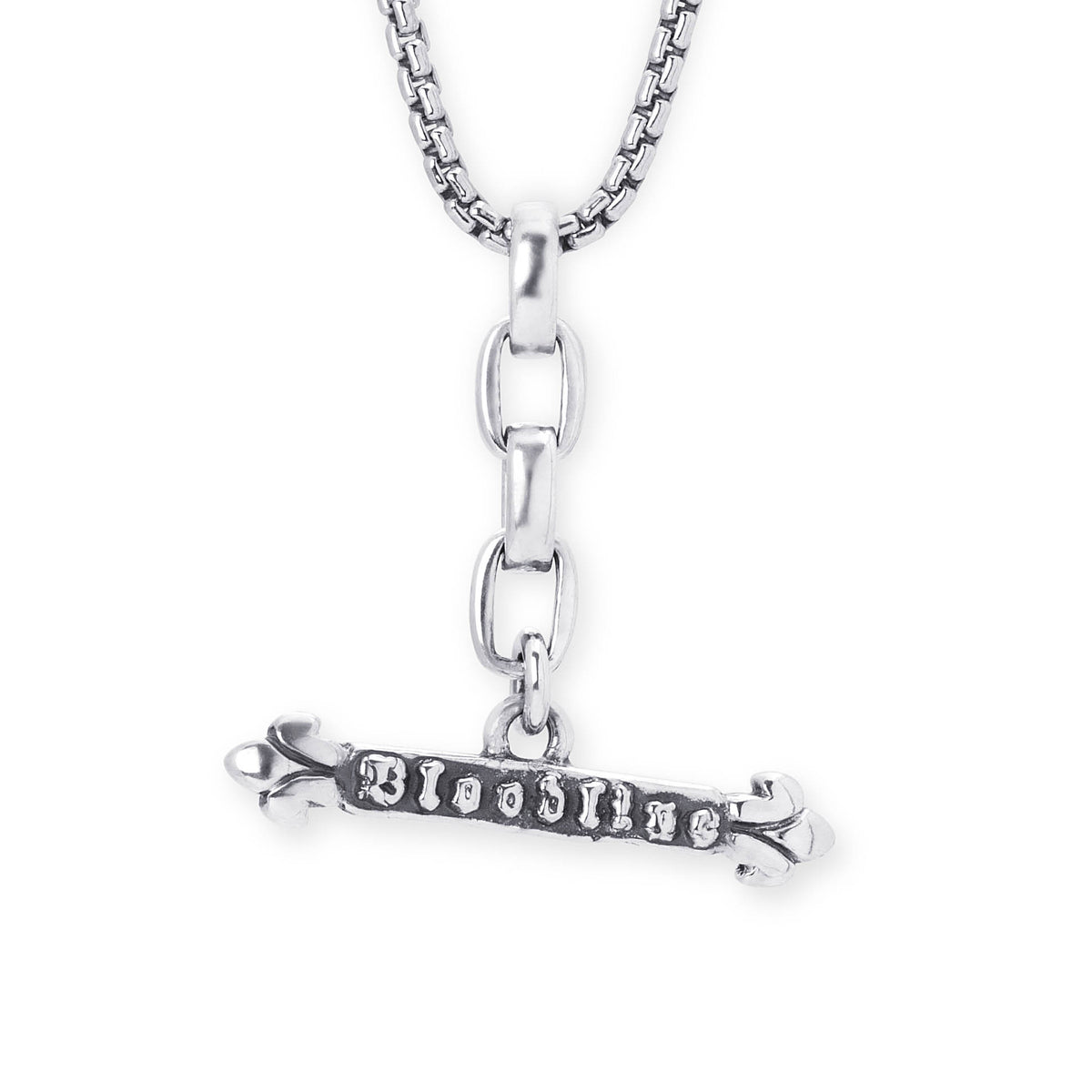 A silver-toned metal pendant necklace featuring a horizontal bar engraved with the word 'BLOODLINE' in a distressed, darkened font, suspended from a box chain on a plain white background.