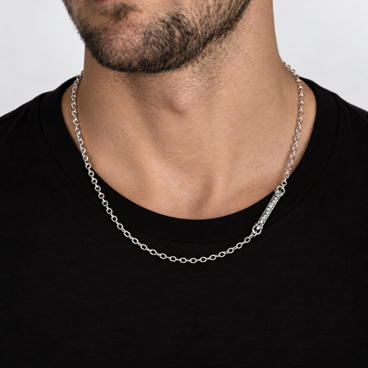 sterling silver Bloodline Cable Chain worn on neck - Bloodline Design