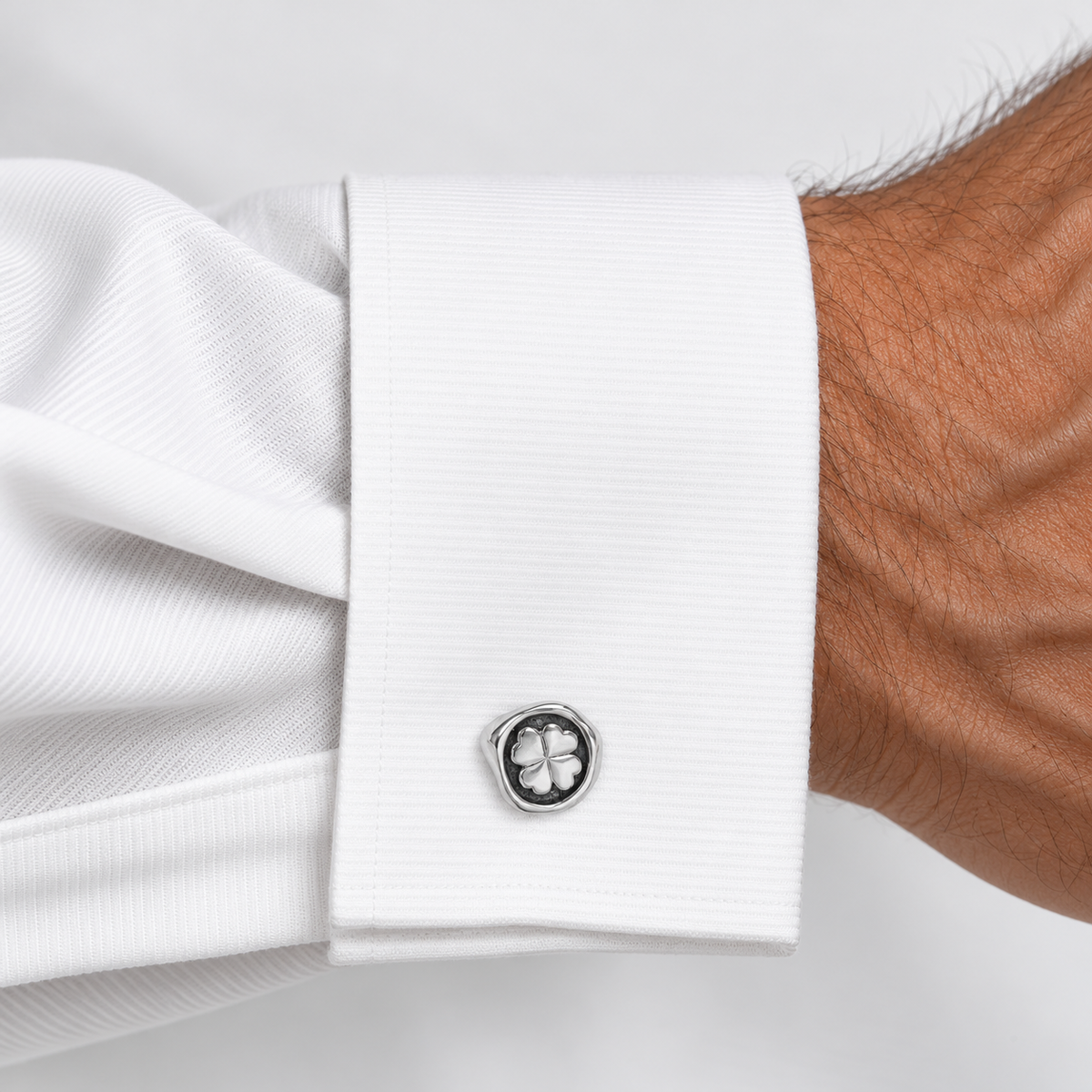 Bloodline Design Cufflinks Four Leaf Clover Wax Stamp Cufflinks on a men's white shirt cuff