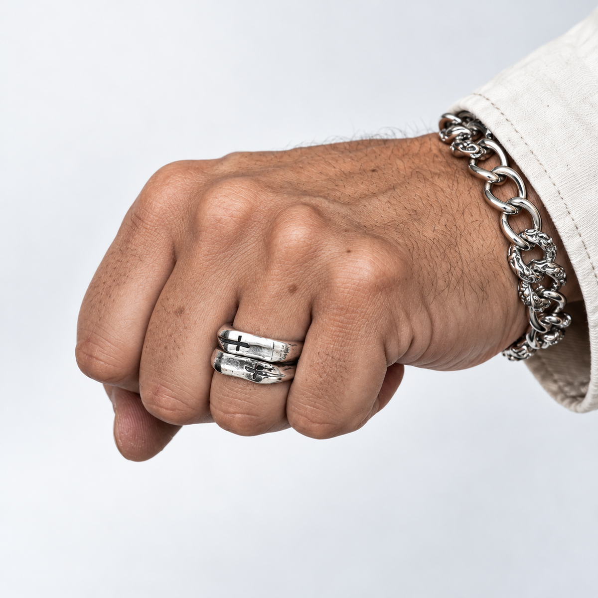 Men's solid sterling silver Forged Dagger ring worn on finger - Bloodline Design
