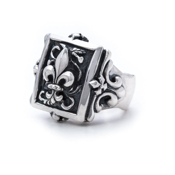 925 Sterling Silver Fleur De Lys With Black CZ Signet Heavy