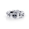 Solid Sterling Silver chain link ring, the head of the ring is a solid box with a skull design atop 