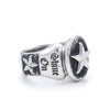 Solid Sterling Silver thick band, one star on the side of the ring and a larger star on the head of the ring. The words "Shine on" visible on the side of the ring.