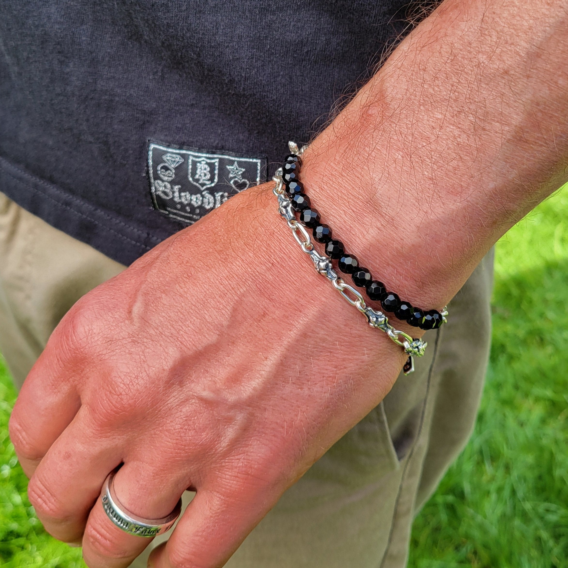 Beaded Barcelona Link Bracelet with Facetted Onyx and Sterling Silver, 6mm