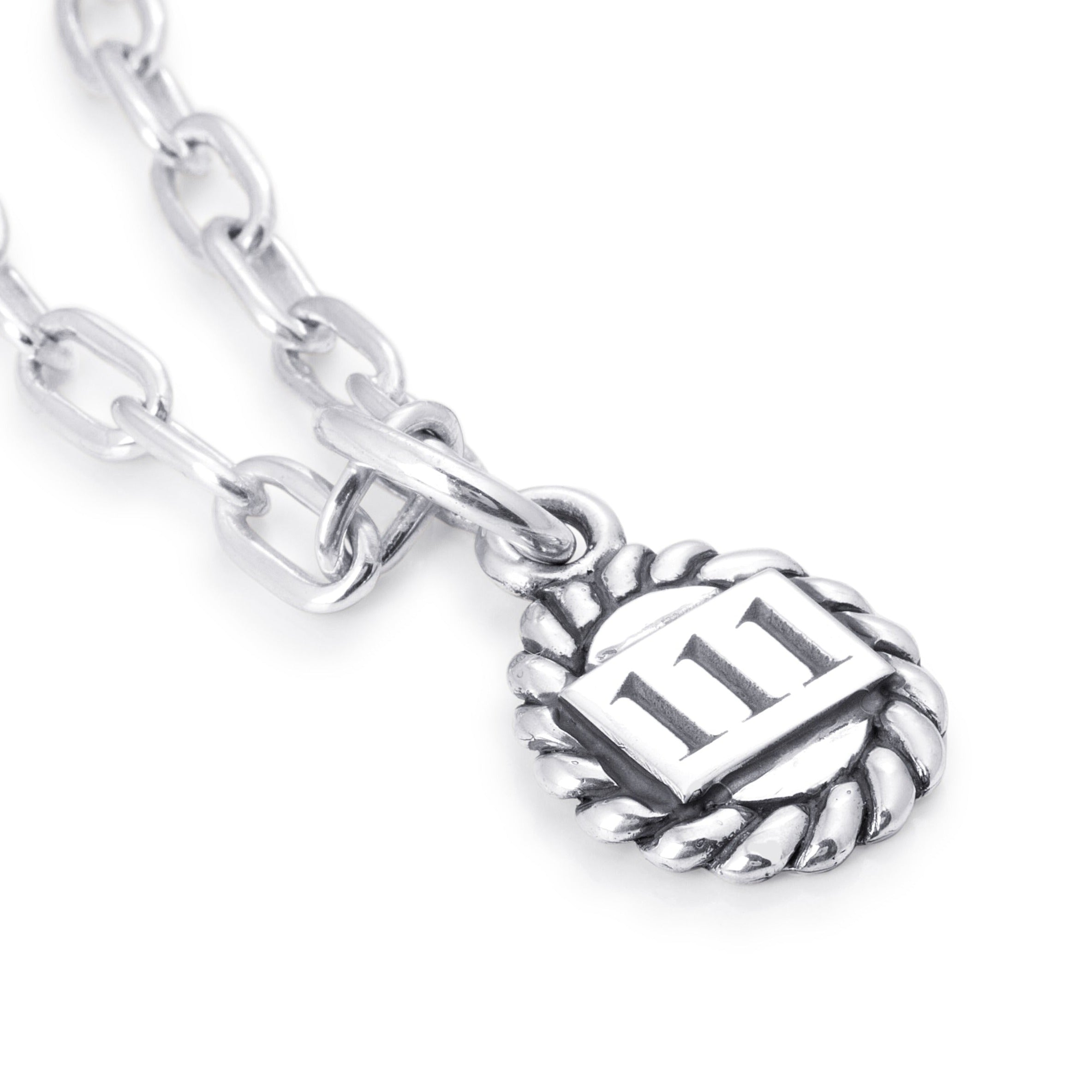 Solid Sterling Silver pendant, edged with twisting rope and centred with Angel Numbers