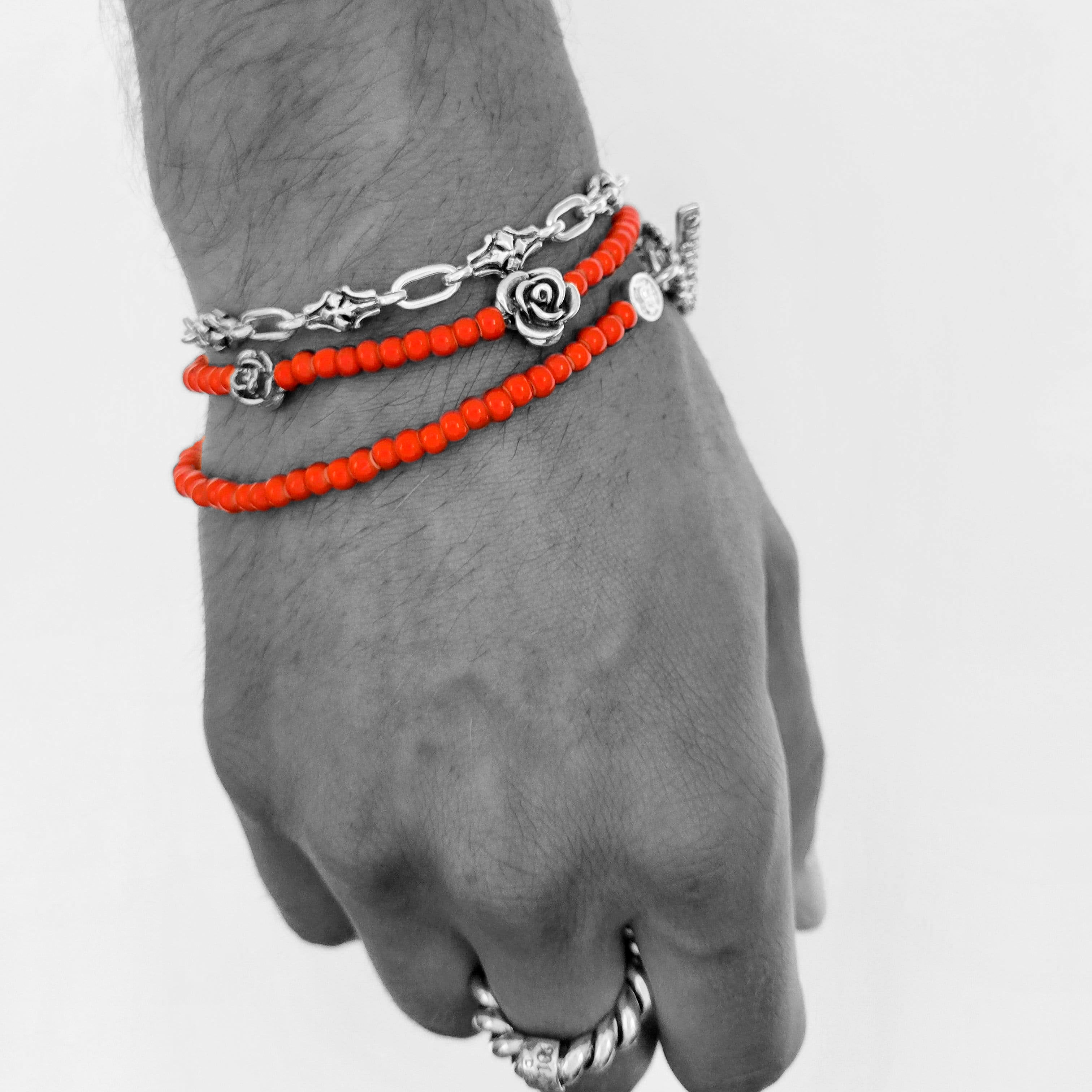 Bloodline Design Mens Bracelets Double Wrap Double Rose Bracelet shown on a model.