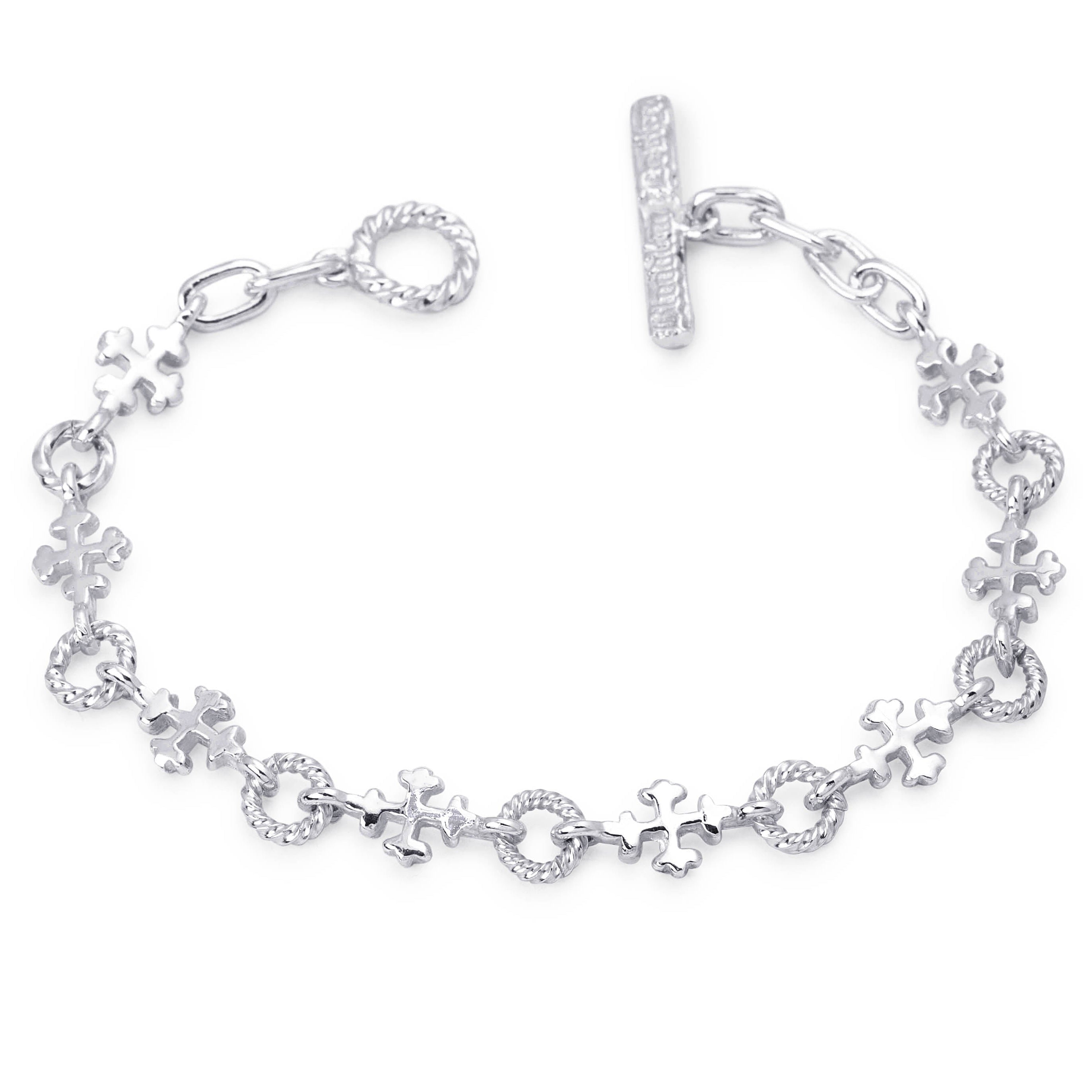 Women's 16th Century Cross Link sterling silver bracelet laid open showing cross links and toggle clasp