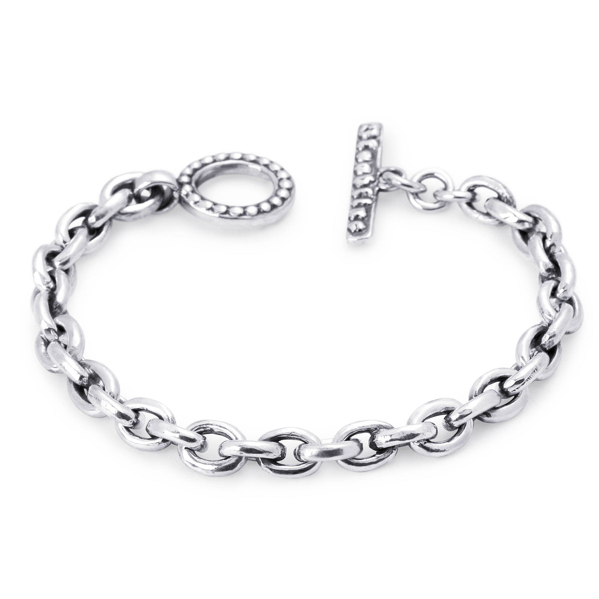 Bloodline Design Chiseled Link 7mm sterling silver bracelet with polished links and an open toggle clasp