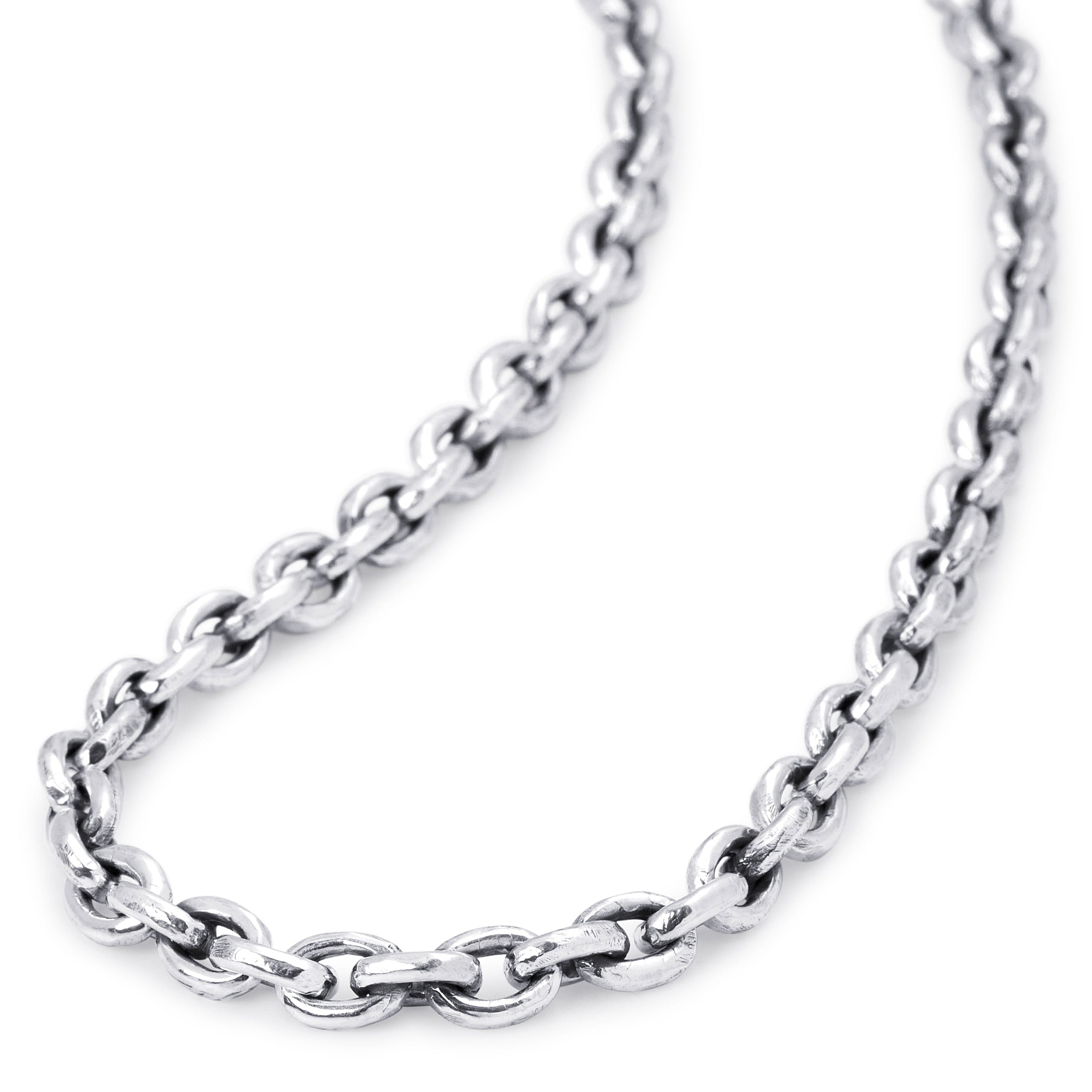 A close-up of a polished silver-tone metal chain necklace on a plain white background.