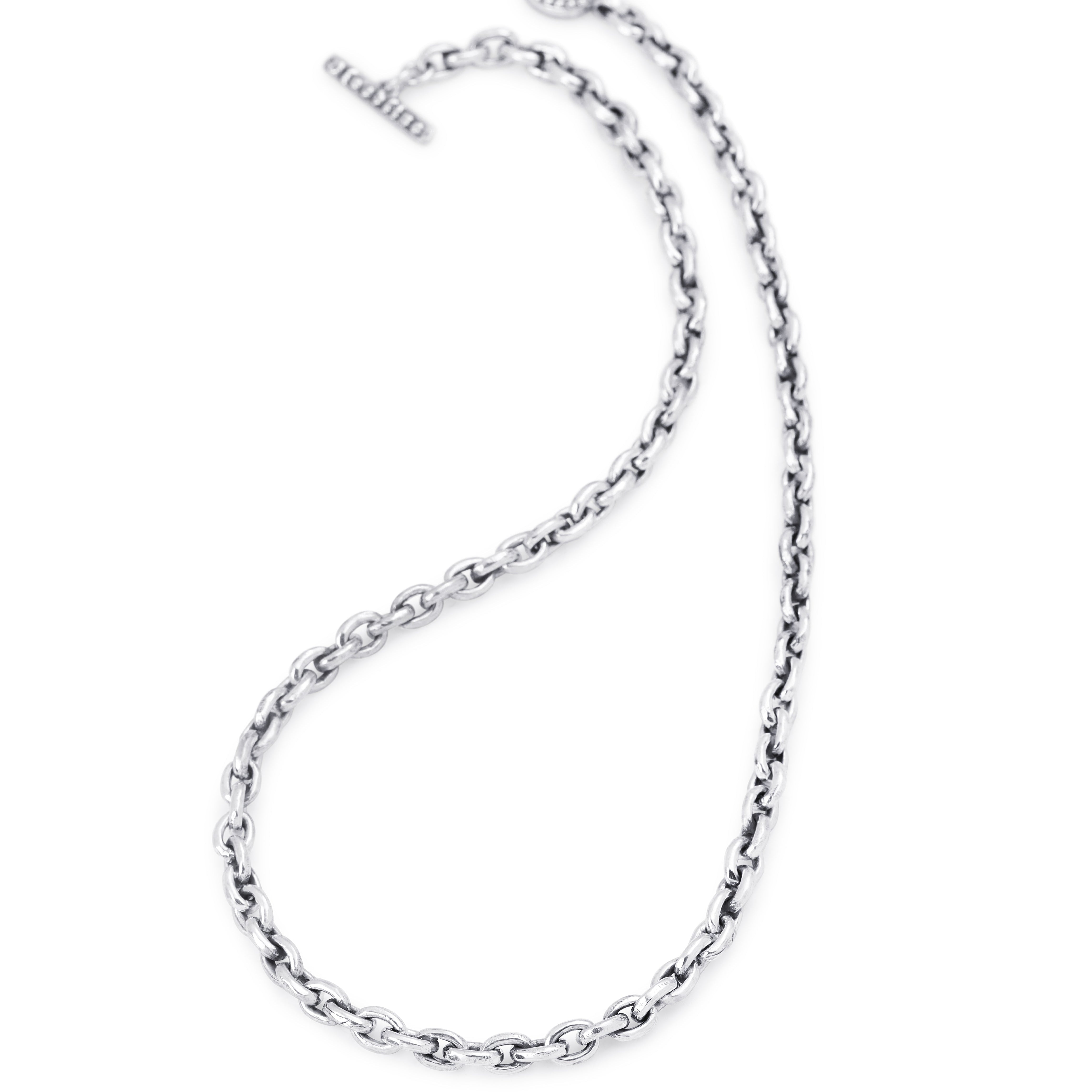 A silver-toned metal chain necklace with a curved, polished finish and a lobster clasp closure, displayed on a clean white background.
