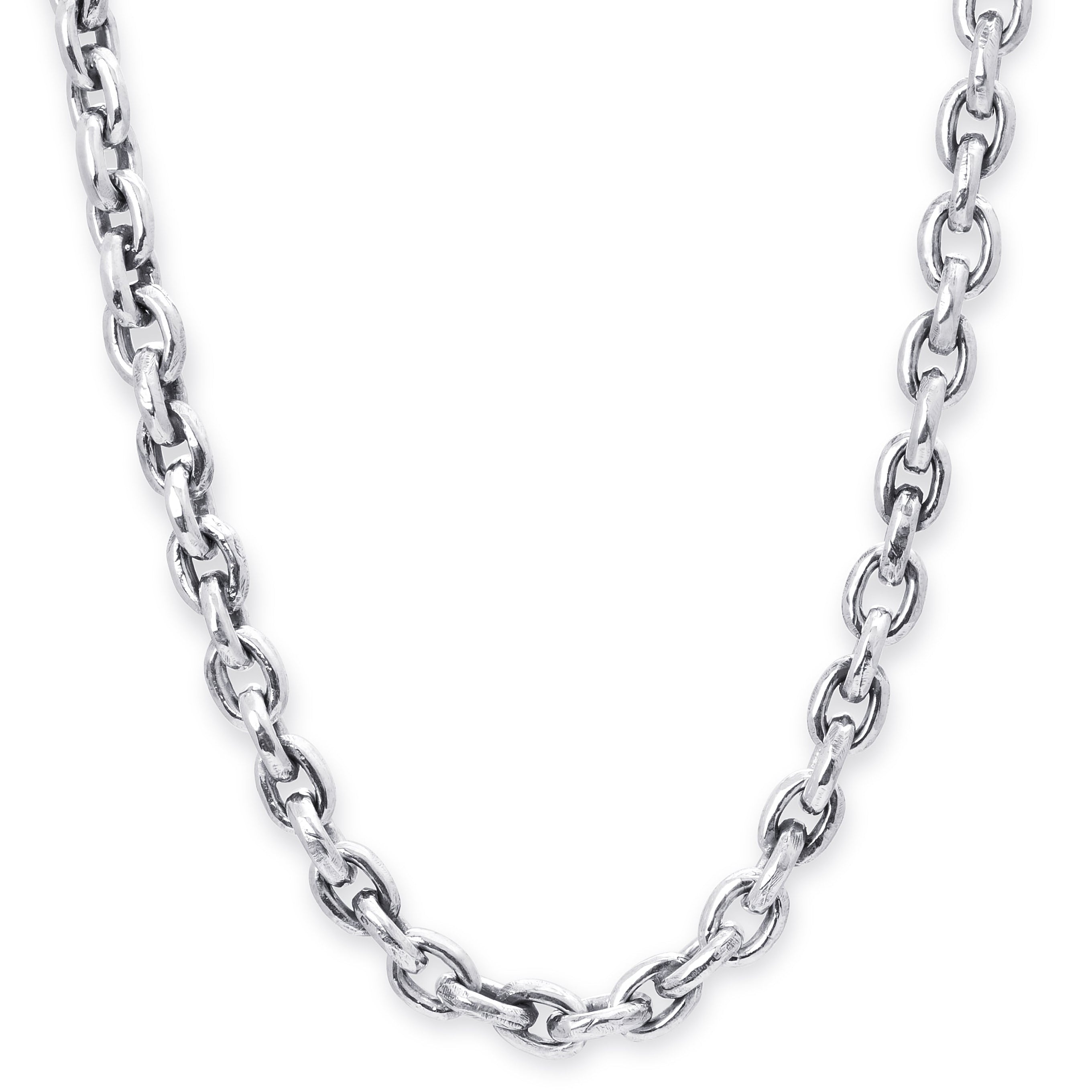 A silver-toned metal chain necklace with a polished finish, arranged in a U-shape against a plain white background.