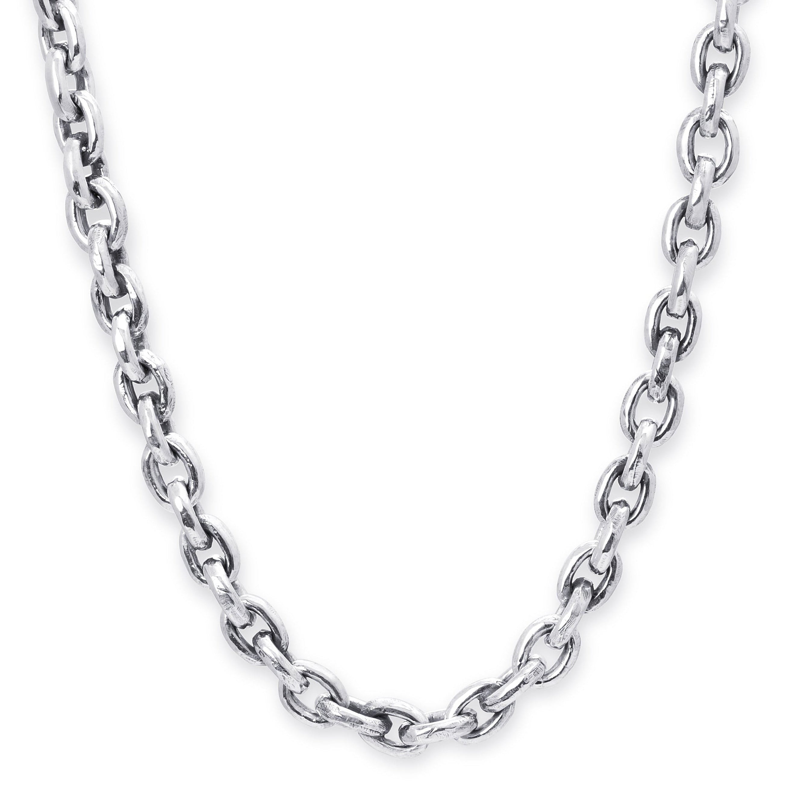 A silver-toned metal chain necklace with a polished finish, arranged in a U-shape against a plain white background.