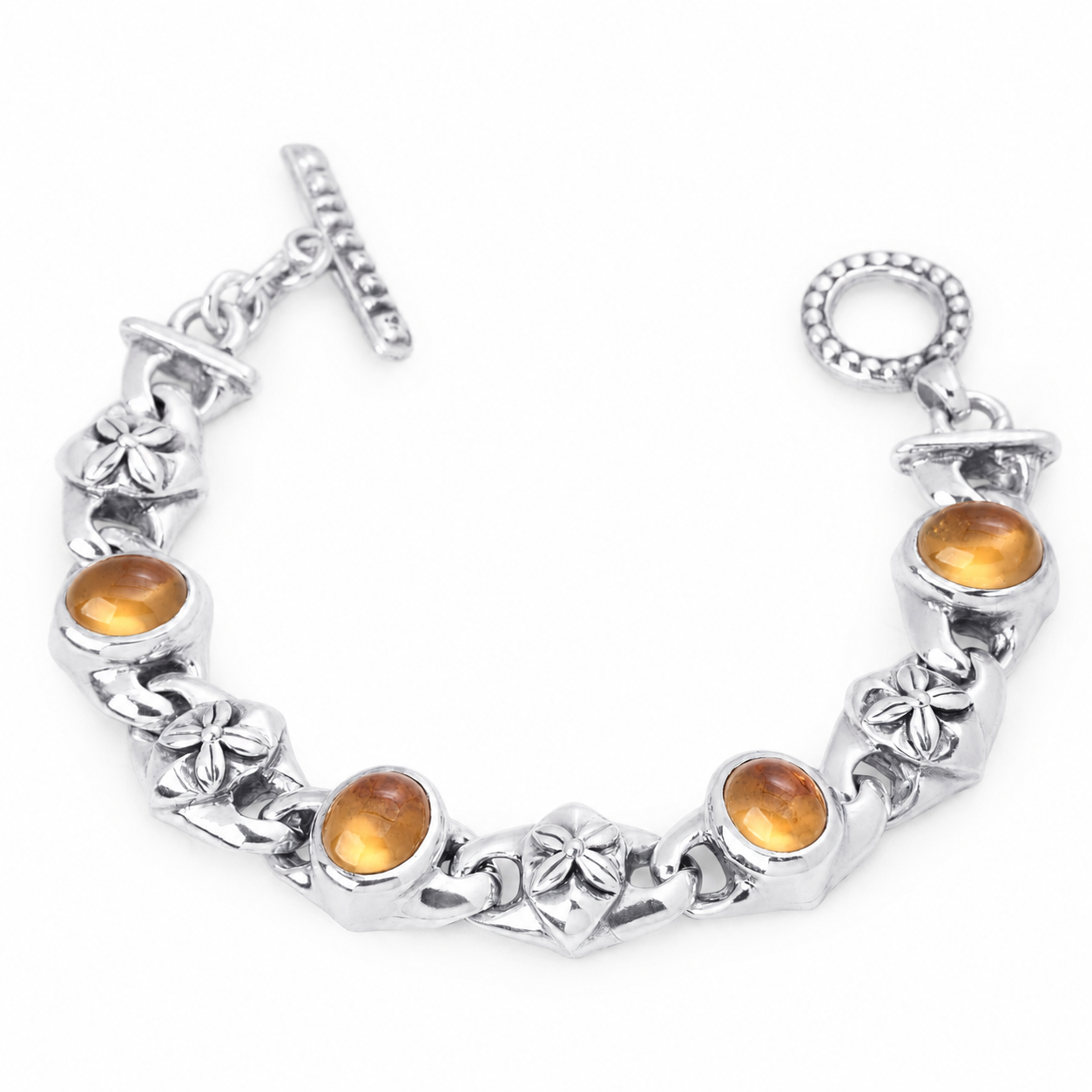 Antique Floral Gemstone Link Sterling Silver Bracelet - 6mm