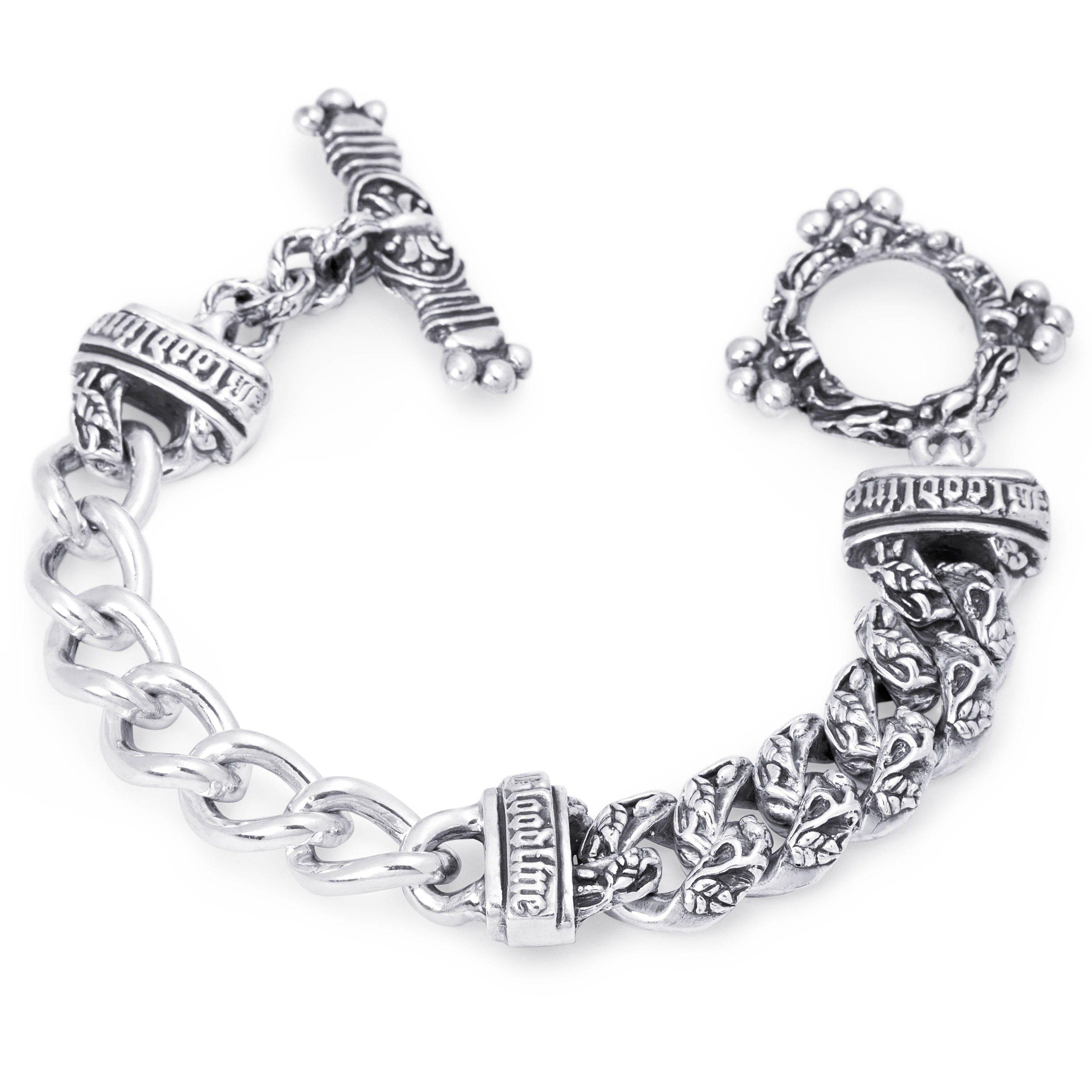 Bloodline Design Half and Half 16mm sterling silver bracelet with one half polished curb links and one half carved links.