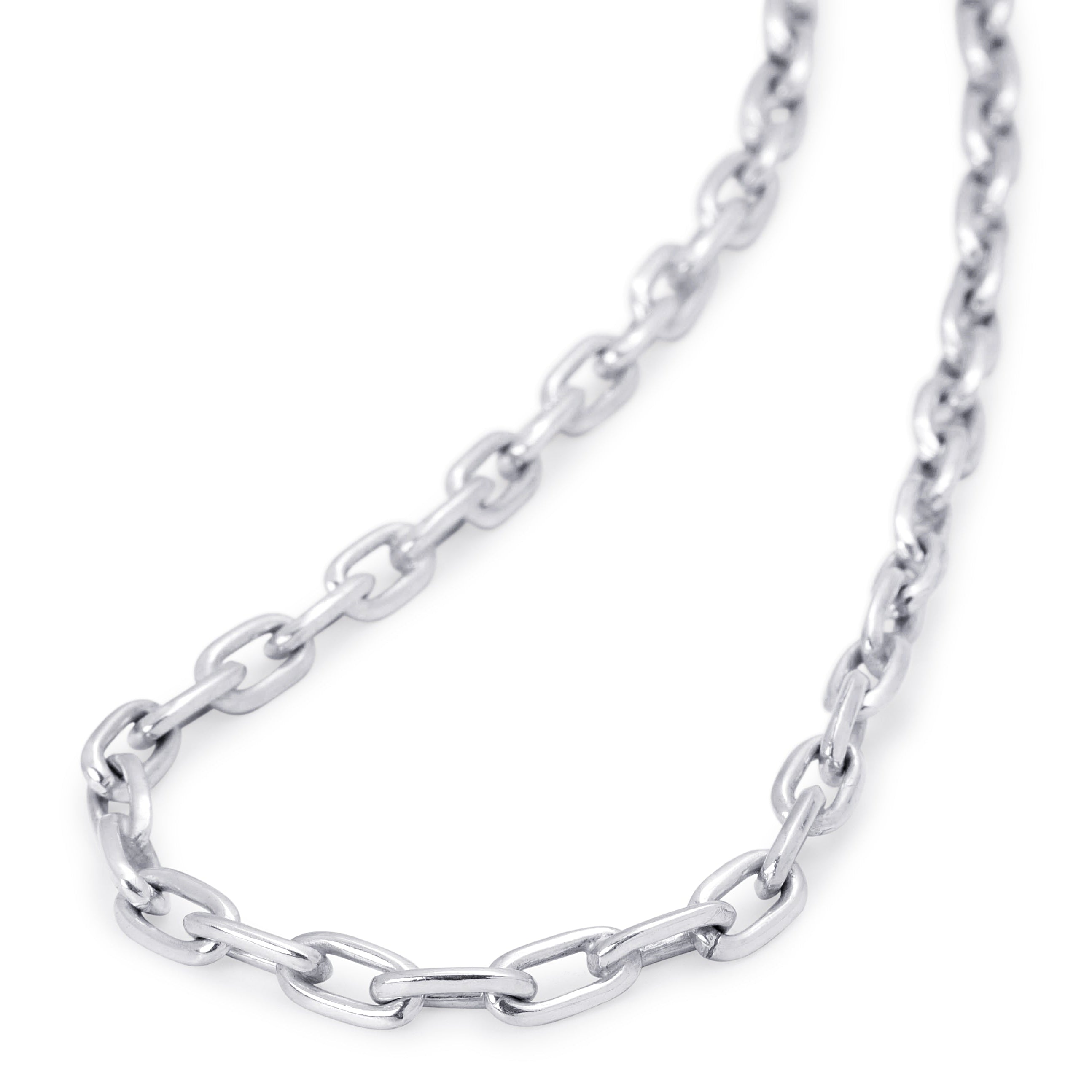 A polished silver-toned metal link chain necklace arranged in a loop on a clean white background.