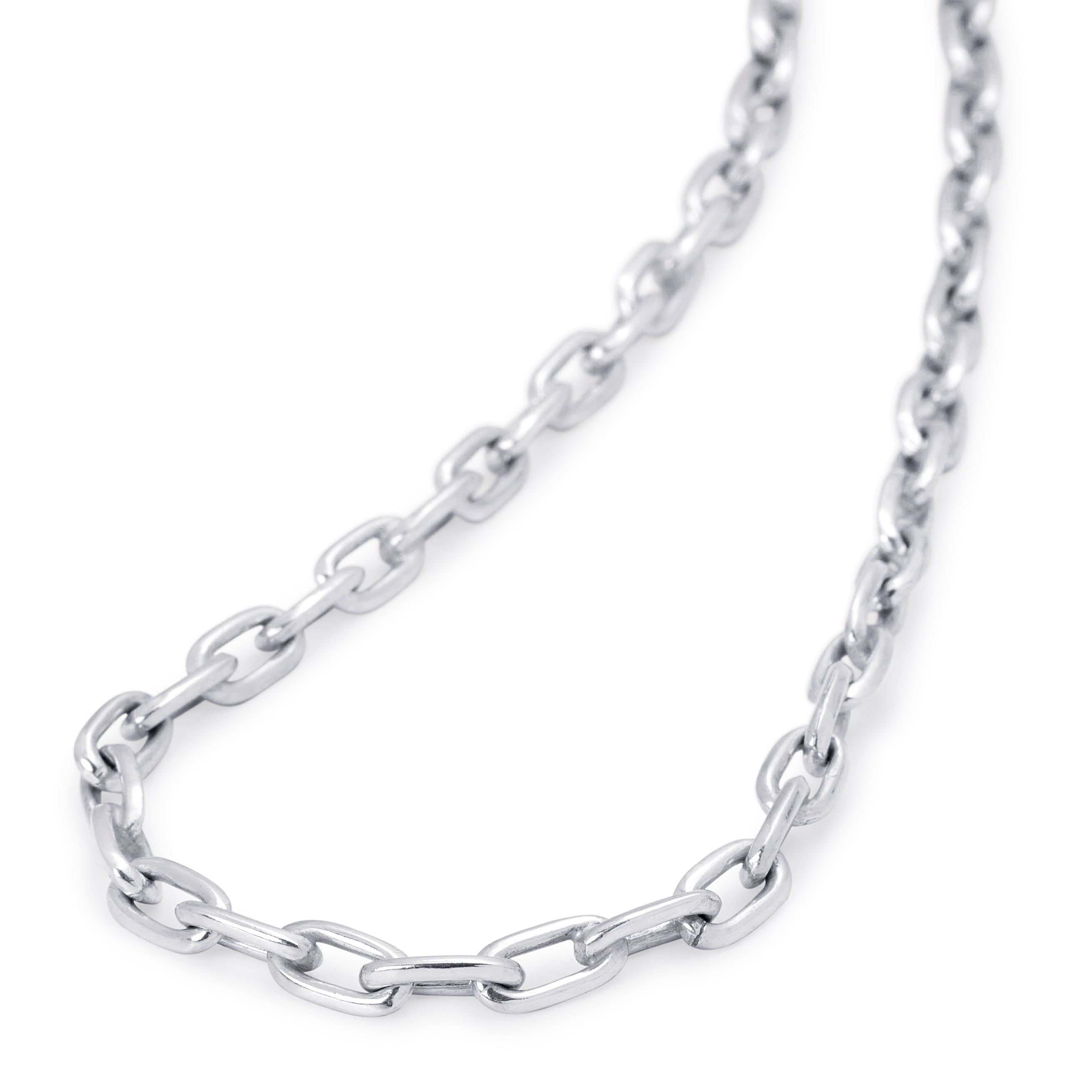 A polished silver-toned metal link chain necklace arranged in a loop on a clean white background.