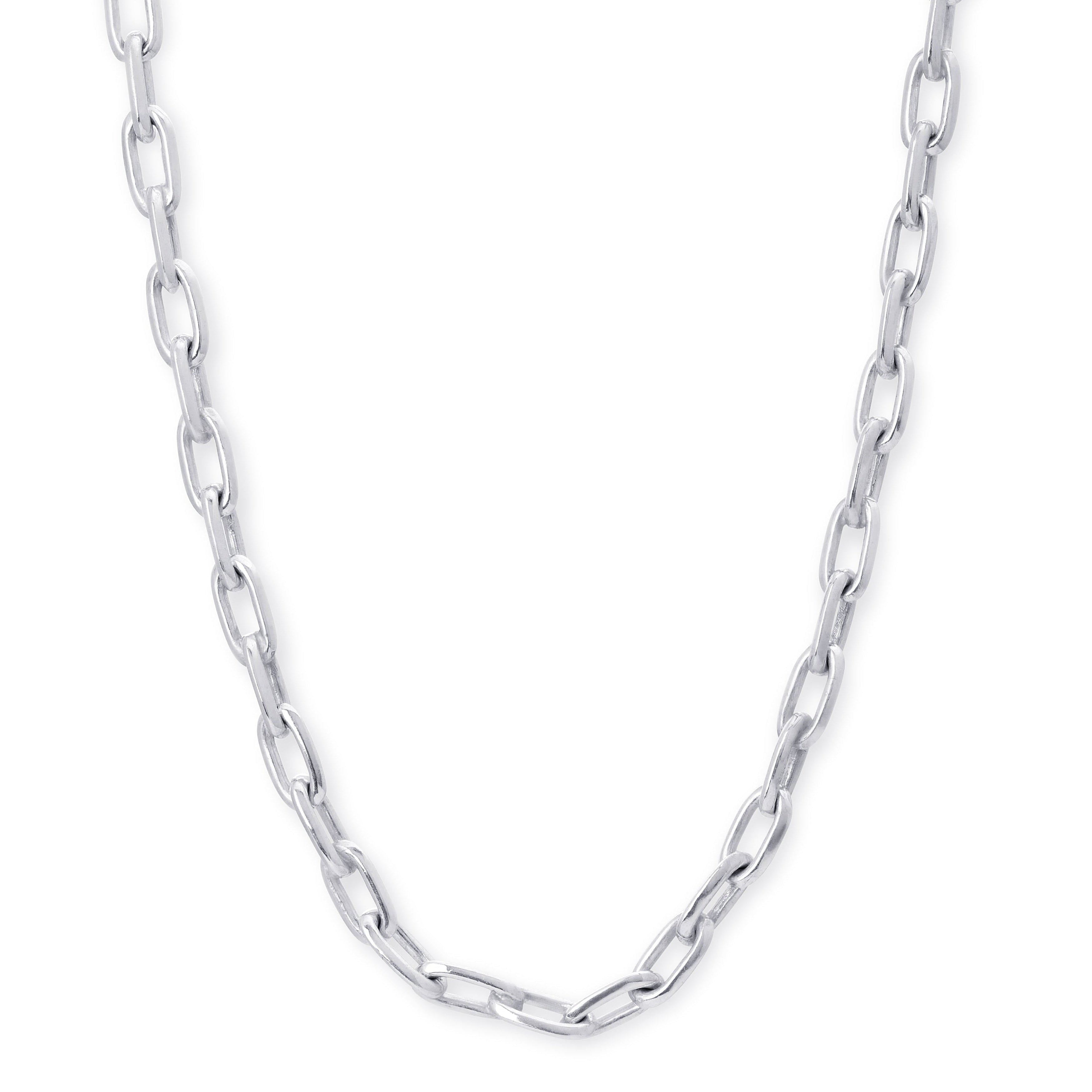 A silver paperclip chain necklace displayed in a U-shape against a plain white background.