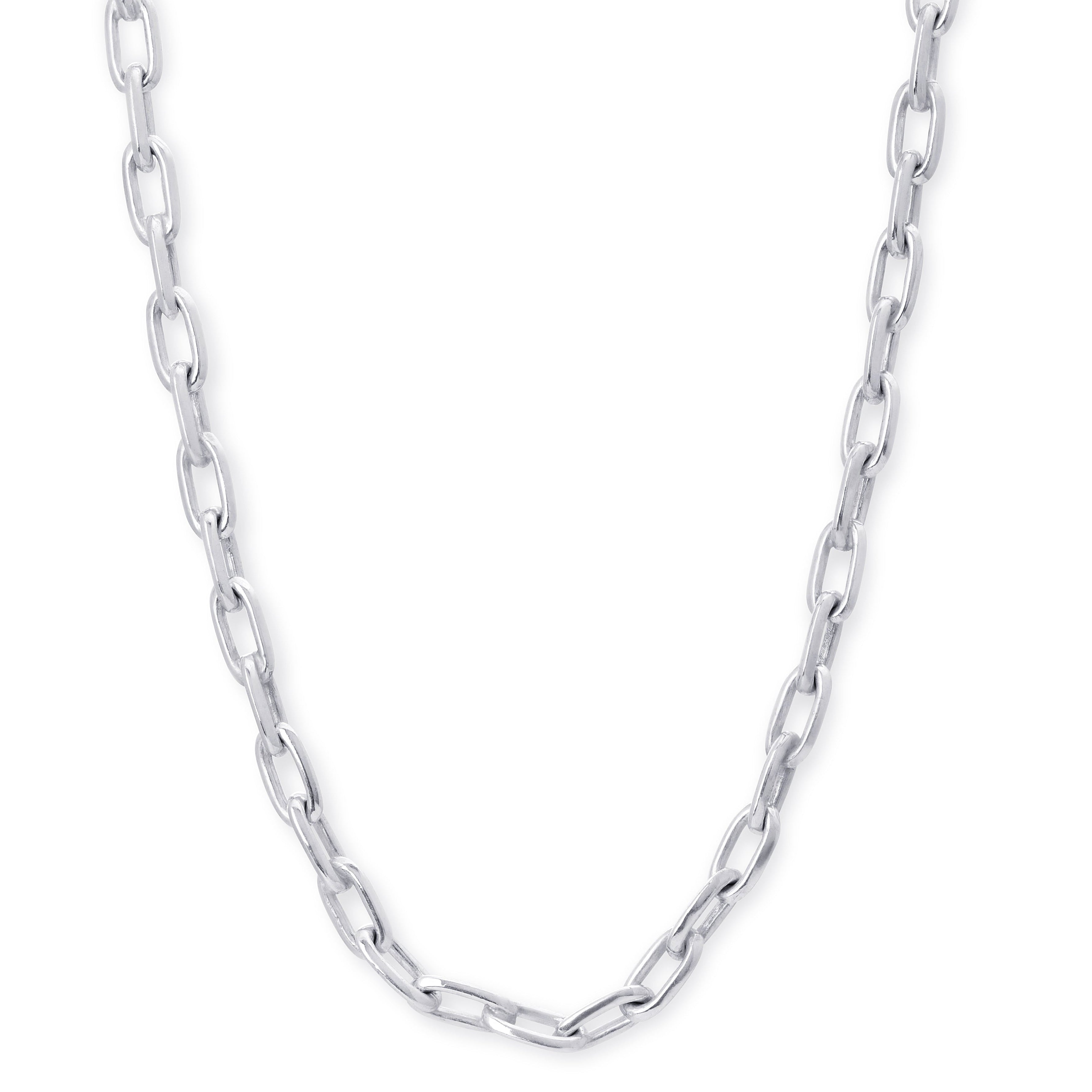 A silver paperclip chain necklace displayed in a U-shape against a plain white background.