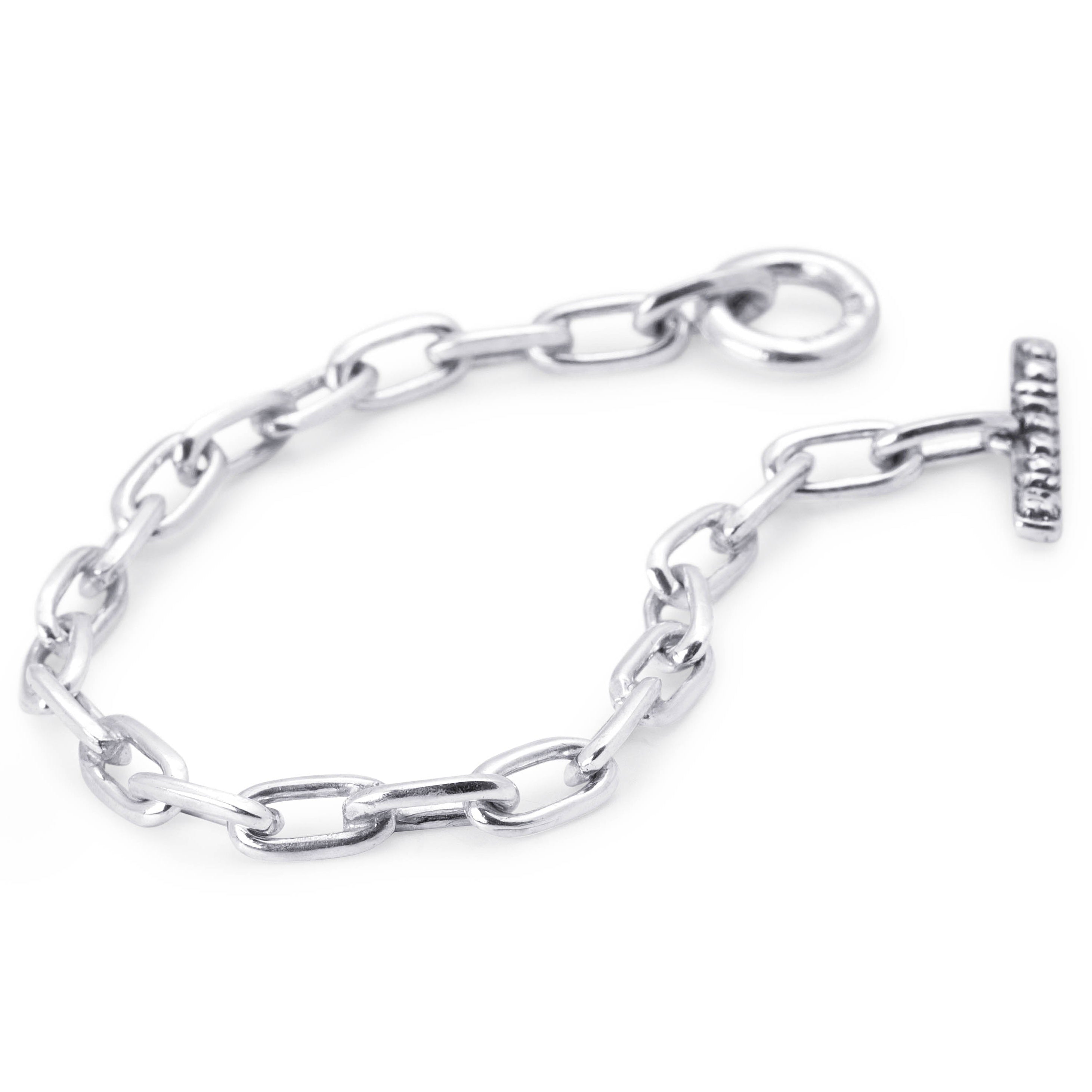 Angled view of the London Link sterling silver bracelet showing elongated links and toggle fastening.