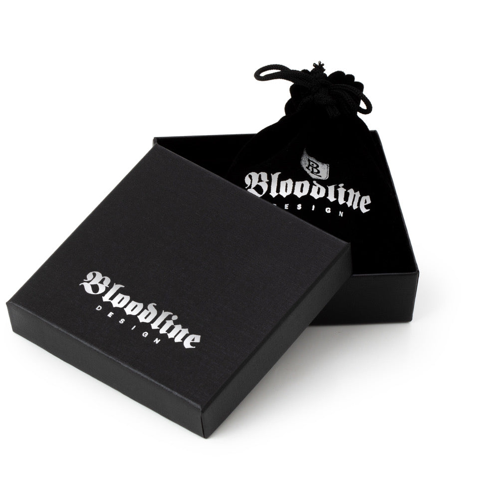 Black jewelry box and drawstring bag with 'Bloodline Design' branding on a white background