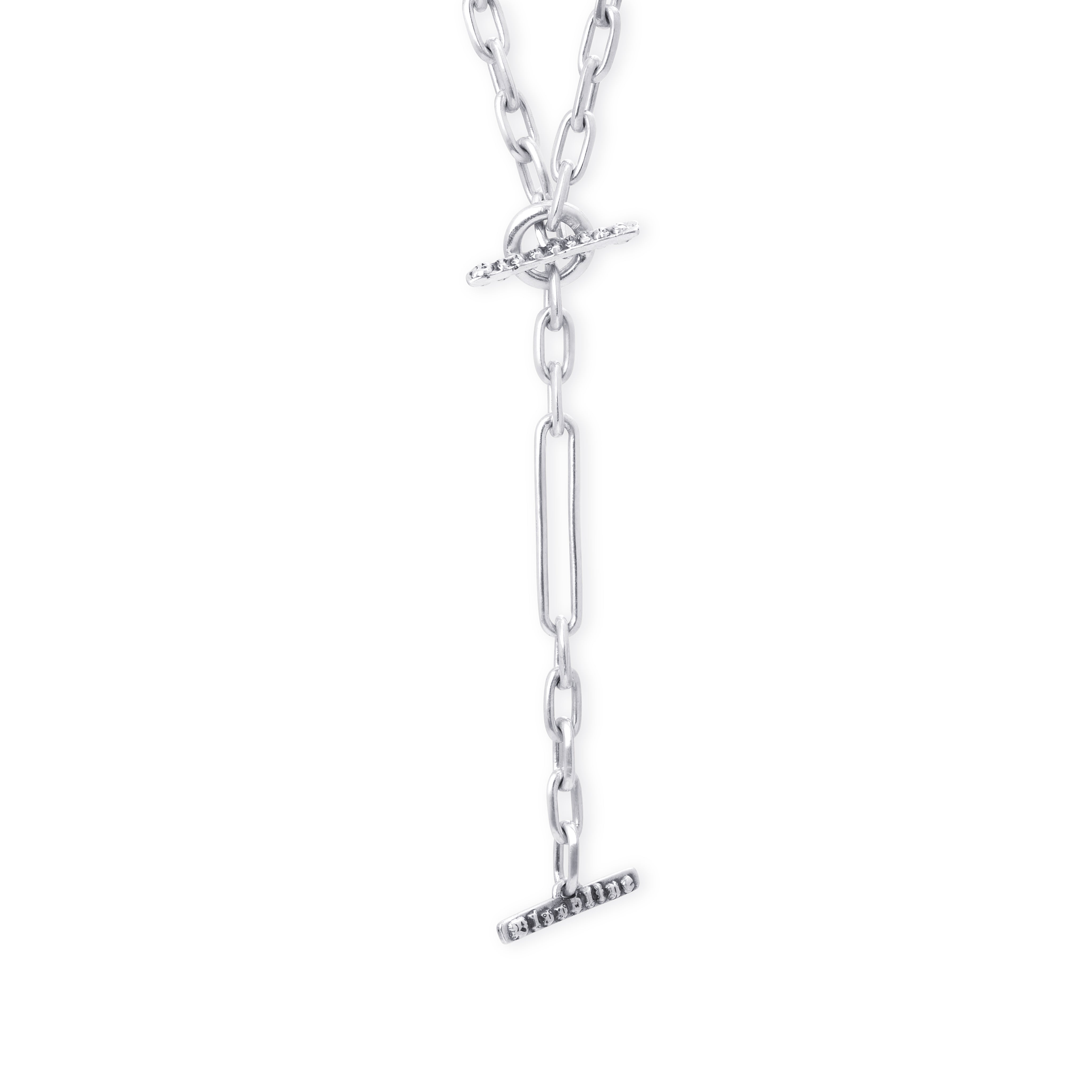 A sterlingsilverchain necklace featuring a toggle clasp at the top and a dangling bar link charm with a small T-bar clasp at the bottom, shown on a plain white background.