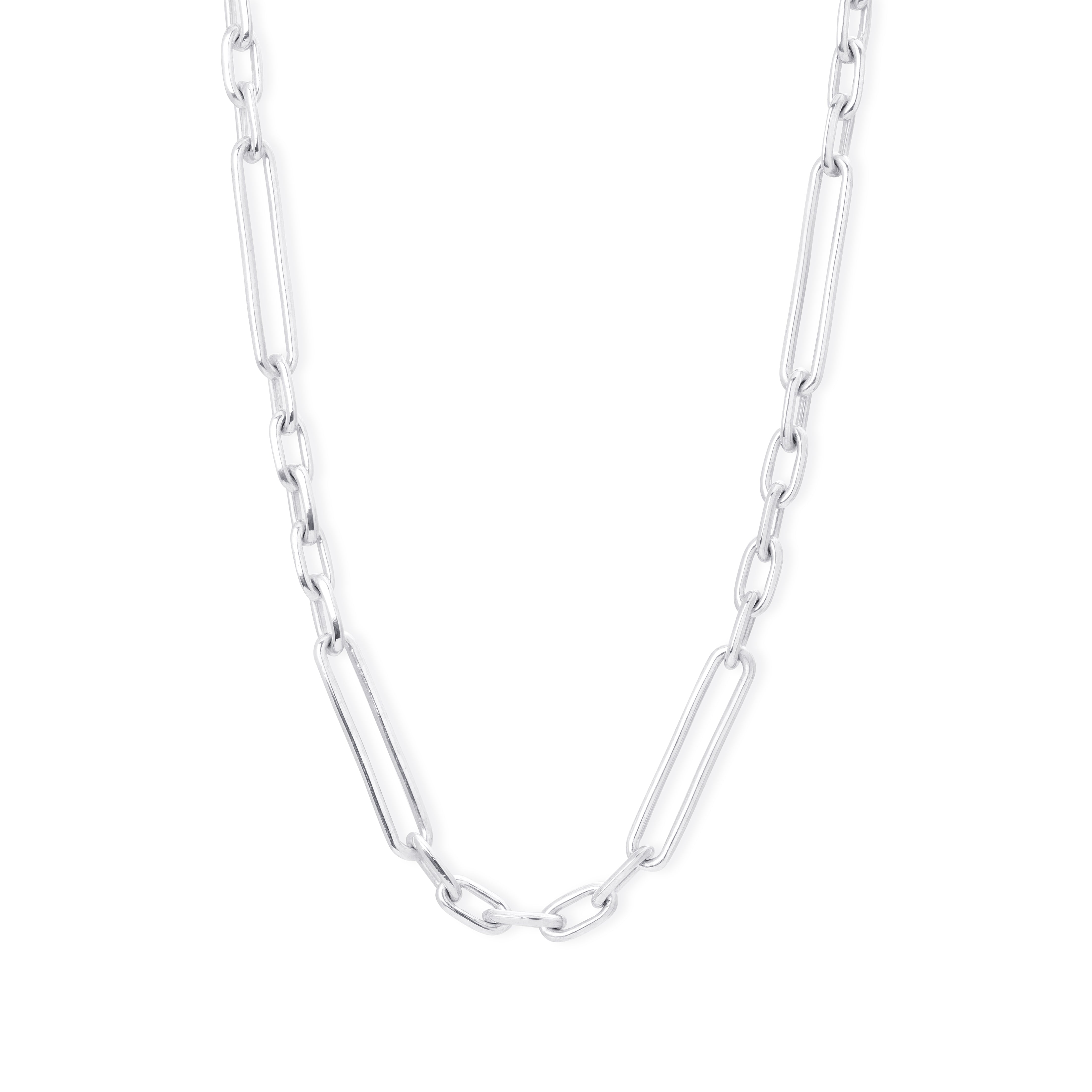 A silver paperclip chain necklace displayed against a clean white background.