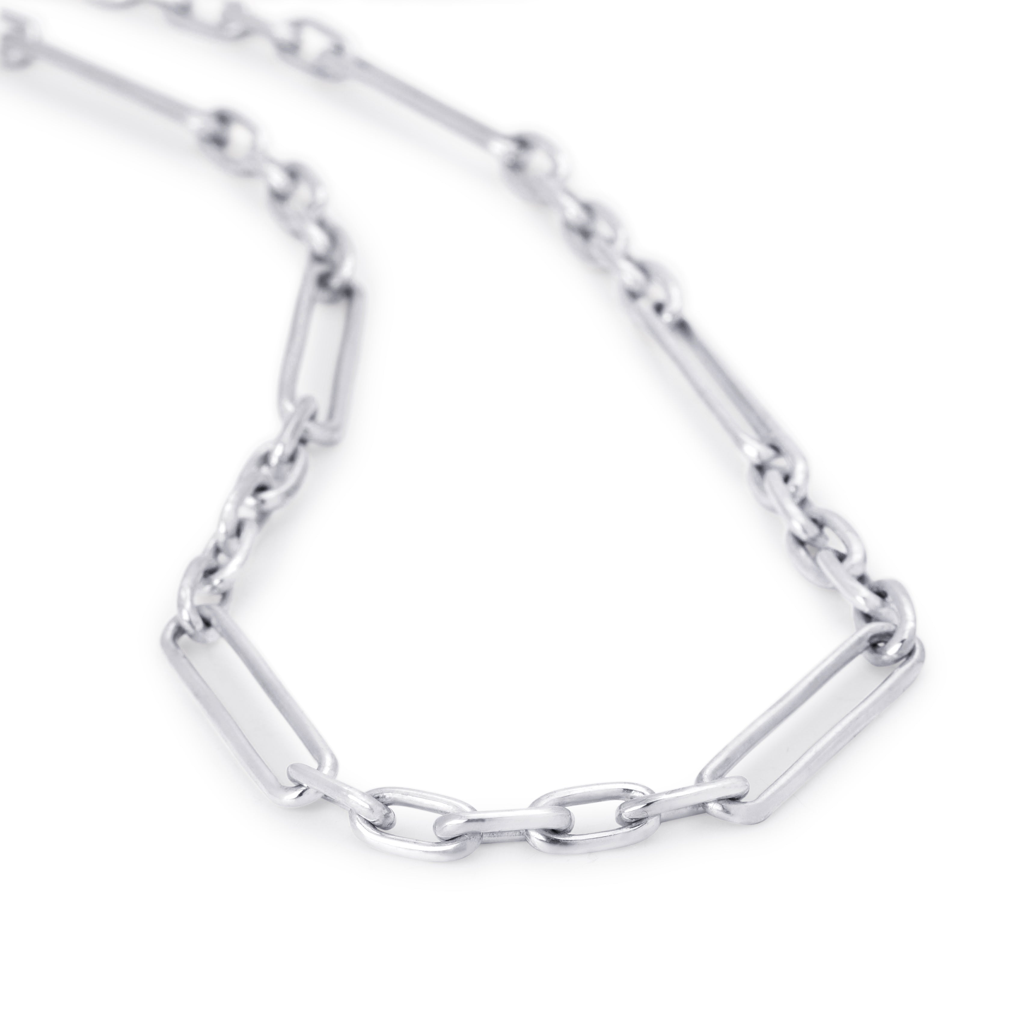 A sterling silverchain necklace featuring alternating elongated oval links and smaller round links, displayed on a clean white background.