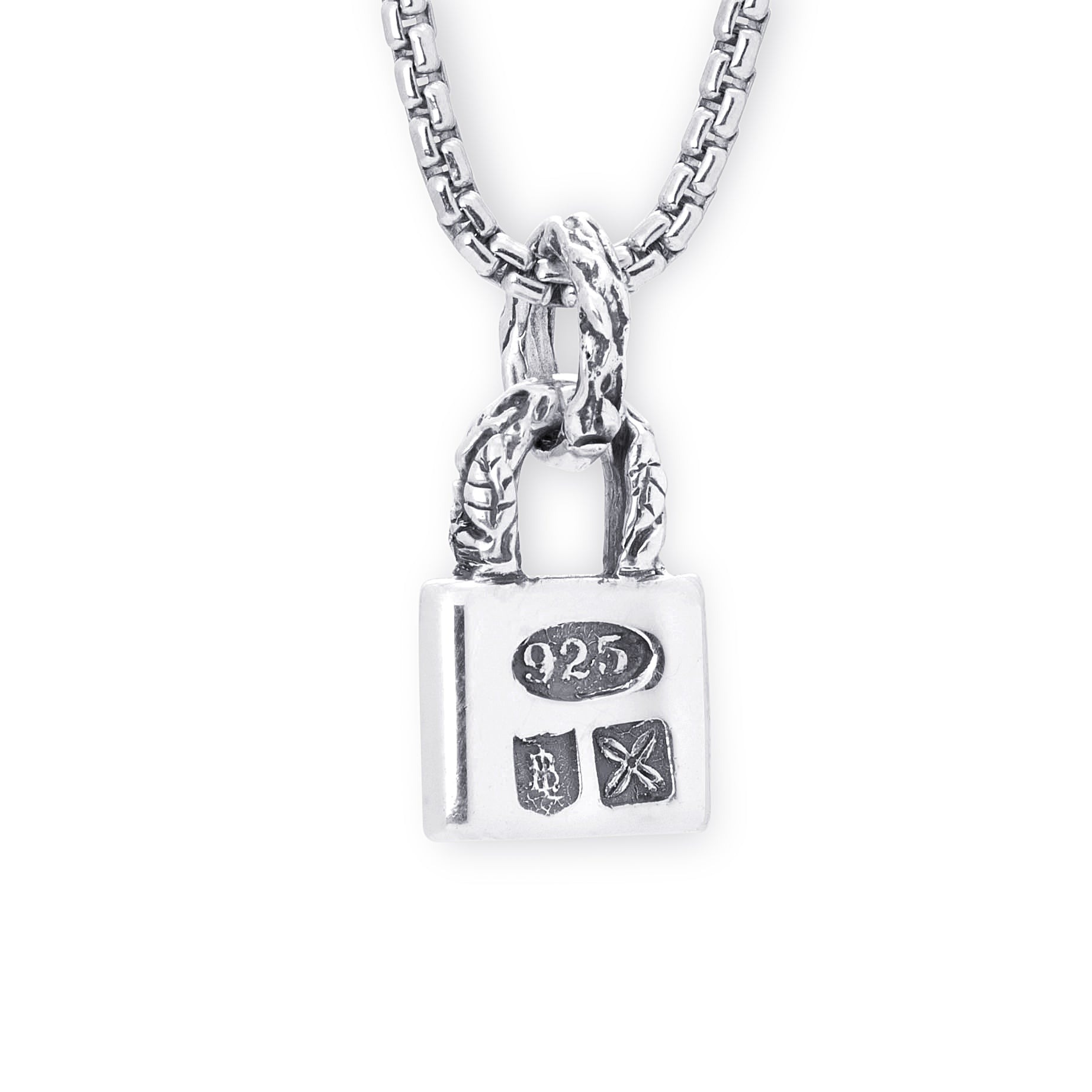 A sterling silver padlock pendant necklace on a matching chain, featuring a 925 sterling silver hallmark and shield details, set against a plain white background.