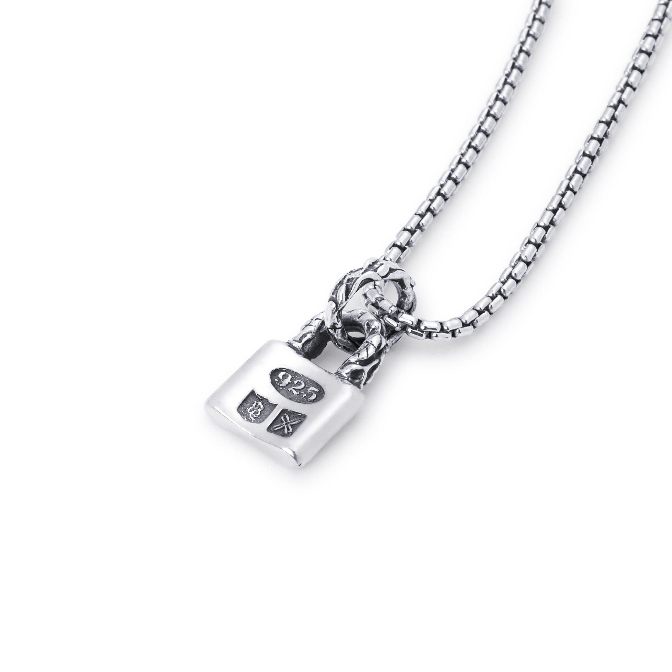 A silver locket pendant necklace on a silver box chain, photographed on a clean white background.