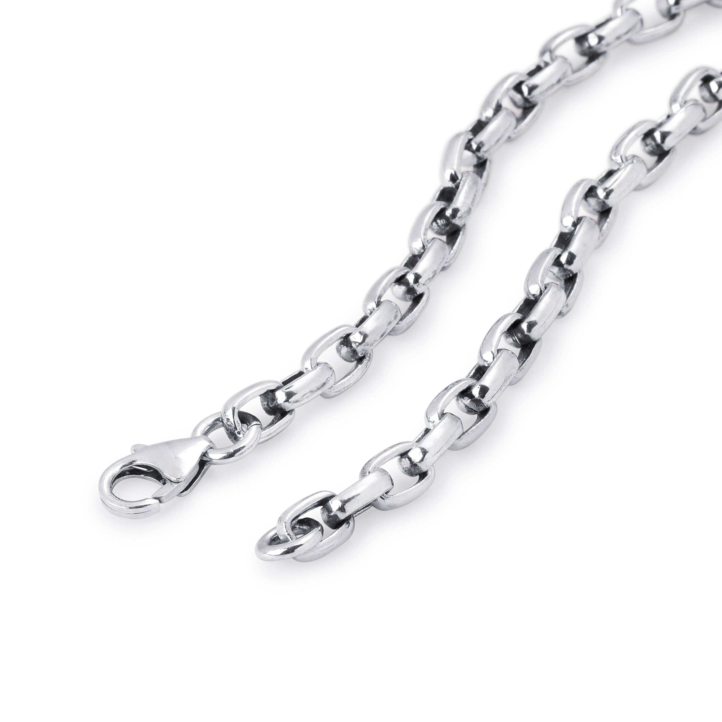 A silver-toned metal chain necklace with elongated oval links, displayed against a plain white background.