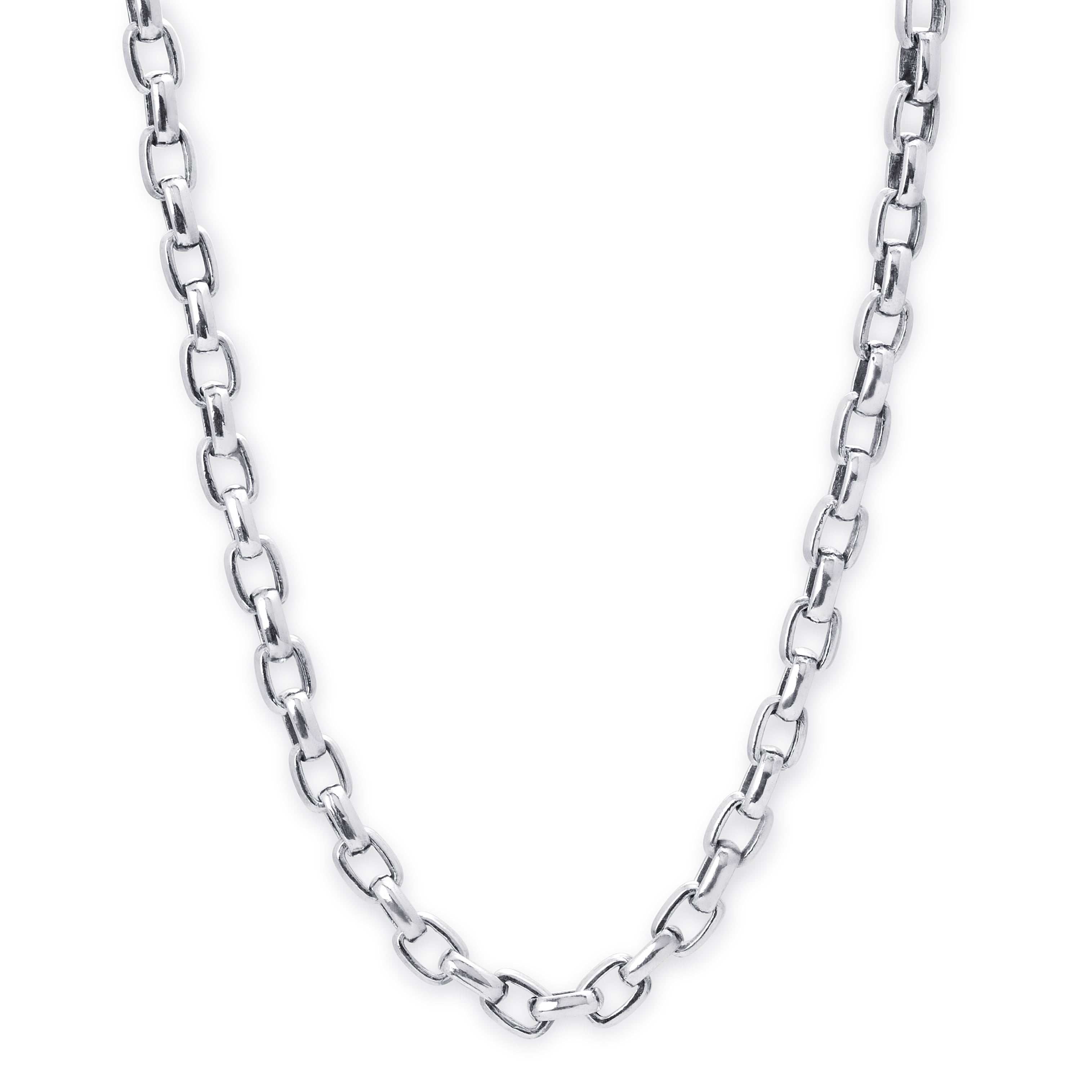 A silver-toned metal chain necklace with elongated oval links, displayed against a plain white background.