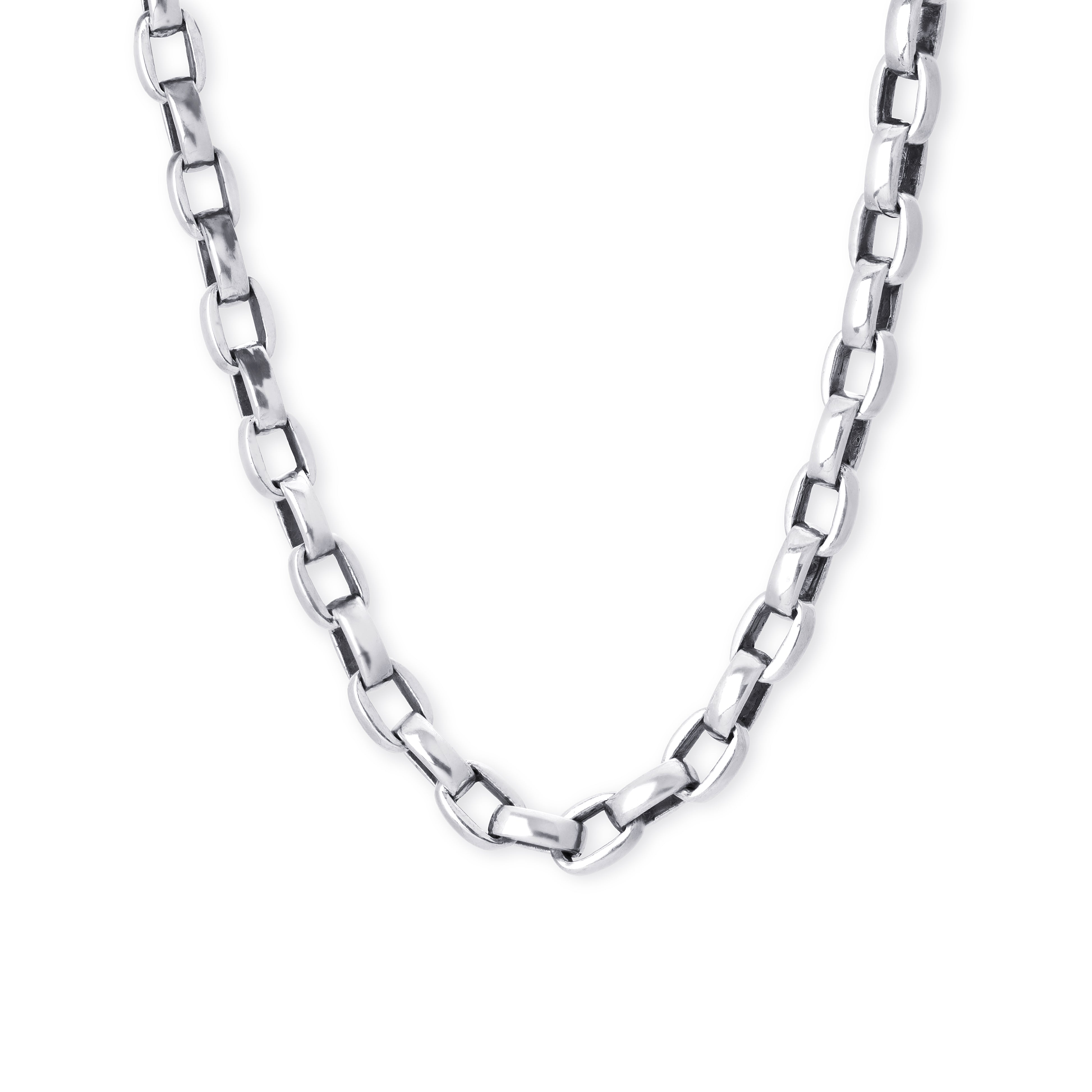 A sterling silver chain necklace with a polished, elongated rectangular link design, shown against a plain white background.