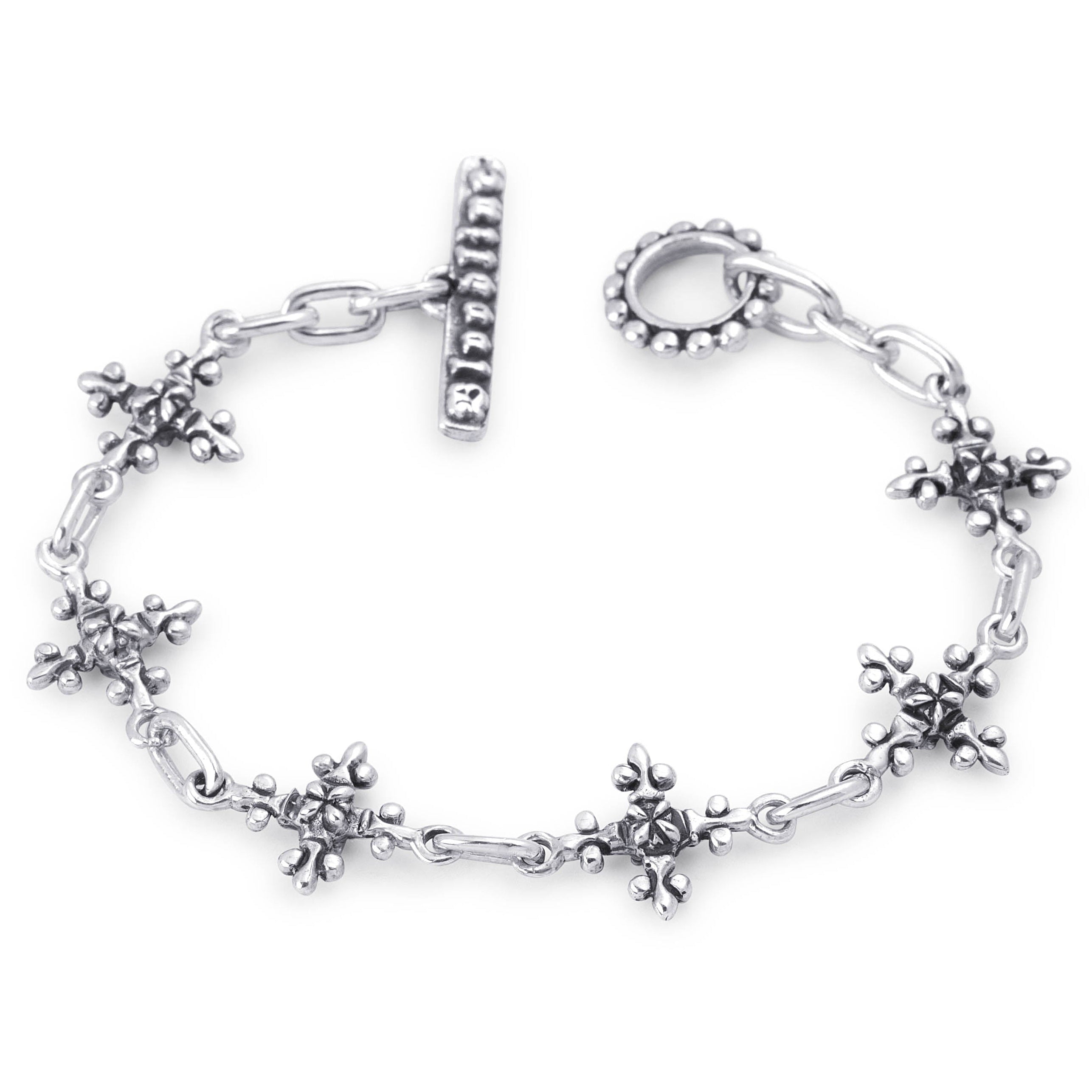 Bloodline Design Antique French Cross sterling silver bracelet with ornate 14mm cross links and an open toggle clasp.