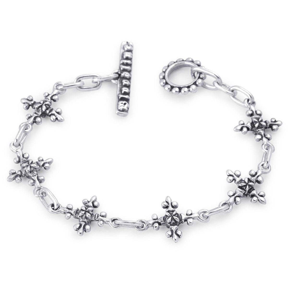 Bloodline Design Antique French Cross sterling silver bracelet with ornate 14mm cross links and an open toggle clasp.