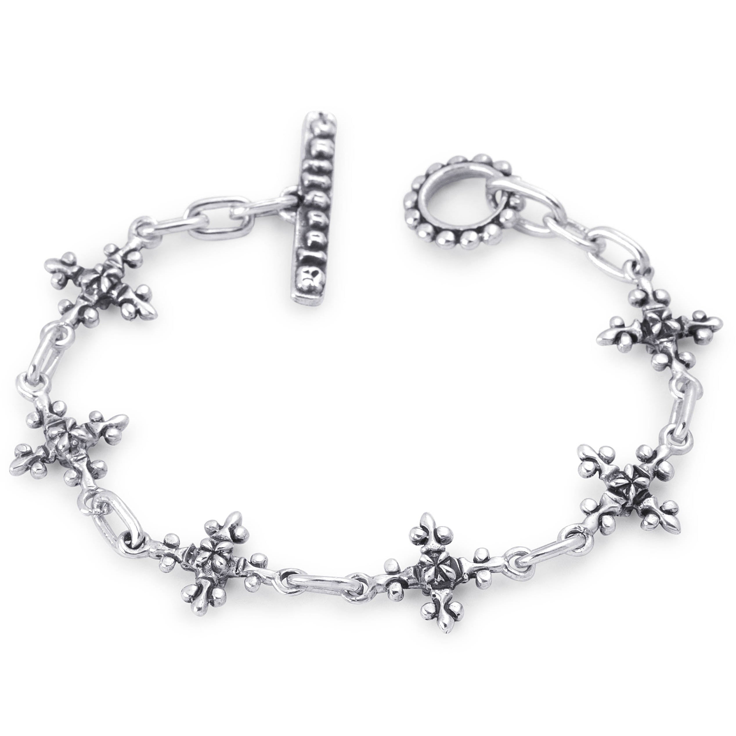 Bloodline Design Antique French Cross sterling silver bracelet with ornate 14mm cross links and an open toggle clasp.