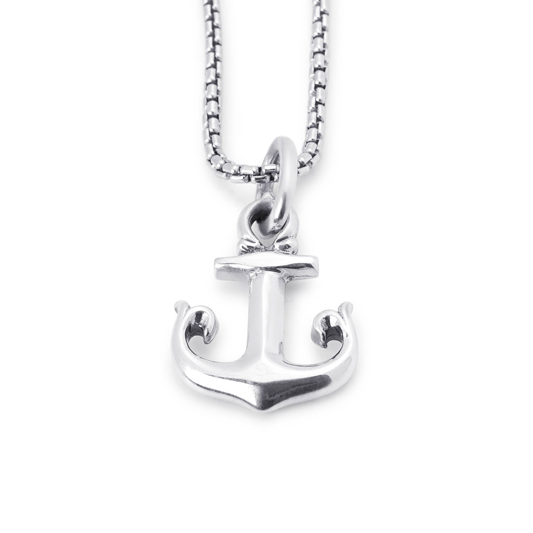 A polished silver anchor pendant necklace on a matching silver box chain, shown against a plain white background.