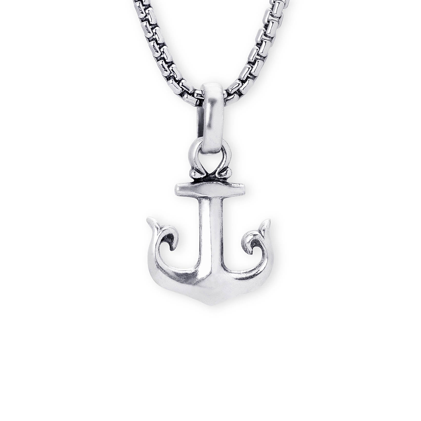 A silver anchor pendant necklace on a matching silver box chain, shown against a plain white background.
