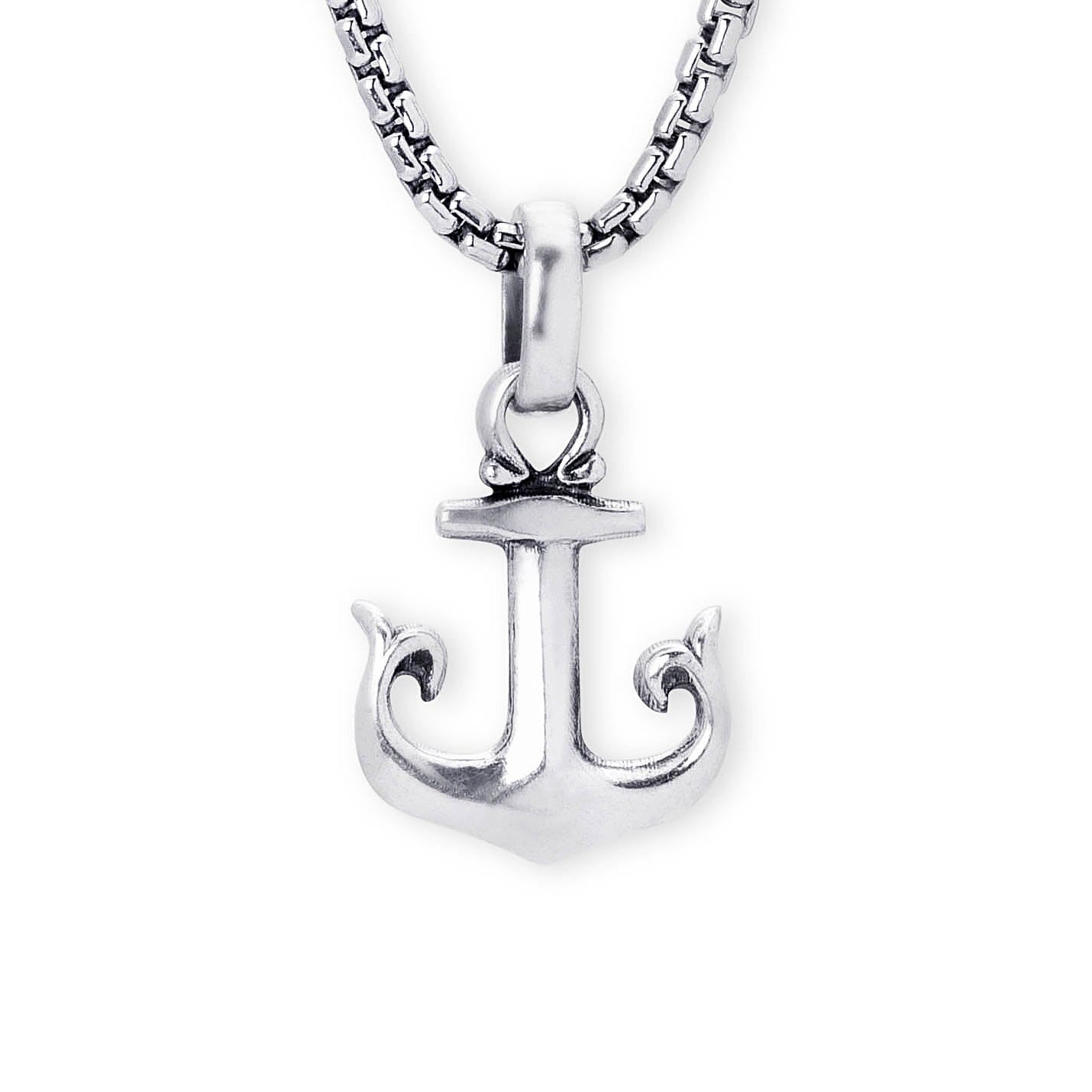 A silver anchor pendant necklace on a matching silver box chain, shown against a plain white background.
