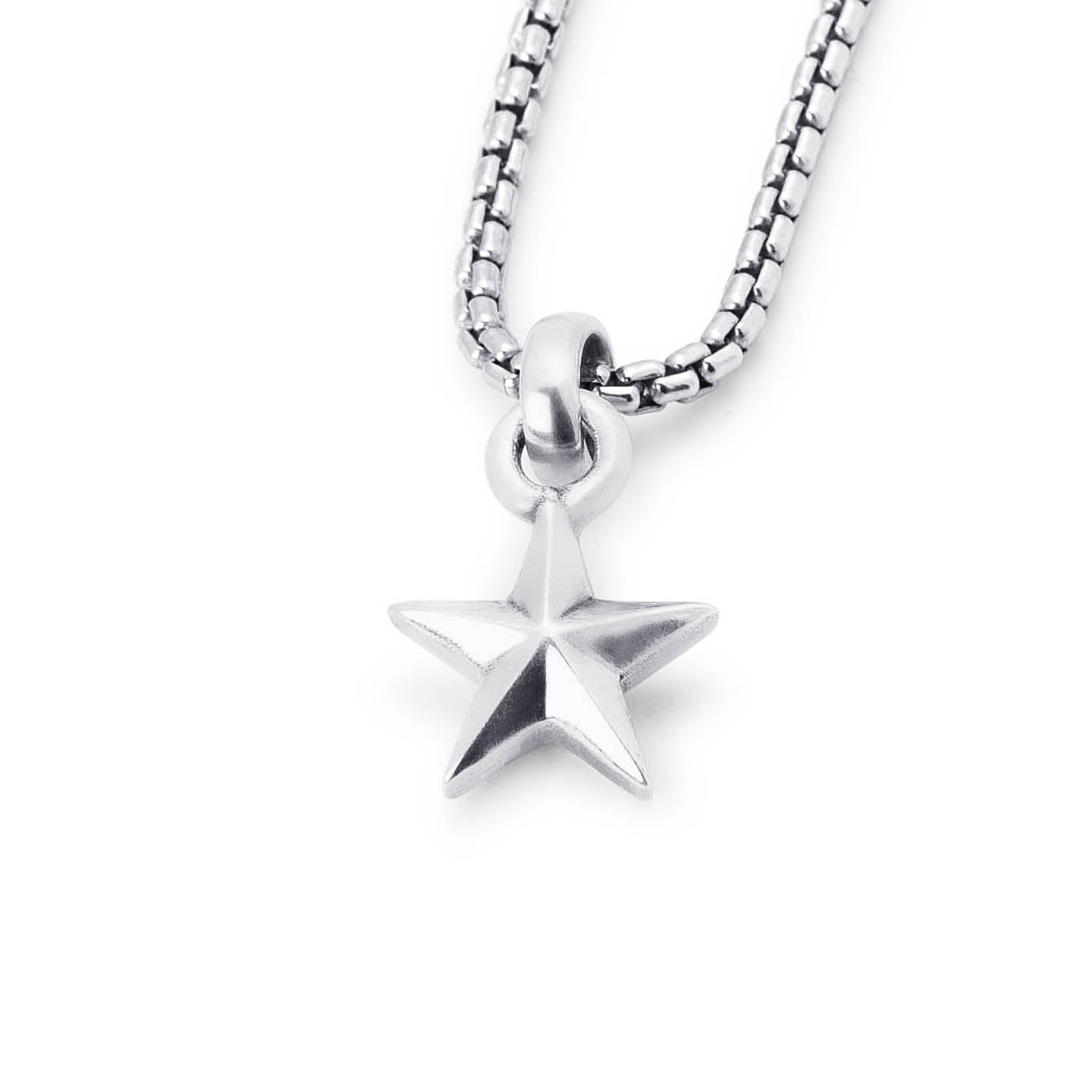A silver star-shaped pendant necklace on a matching silver box chain, photographed against a clean white background.