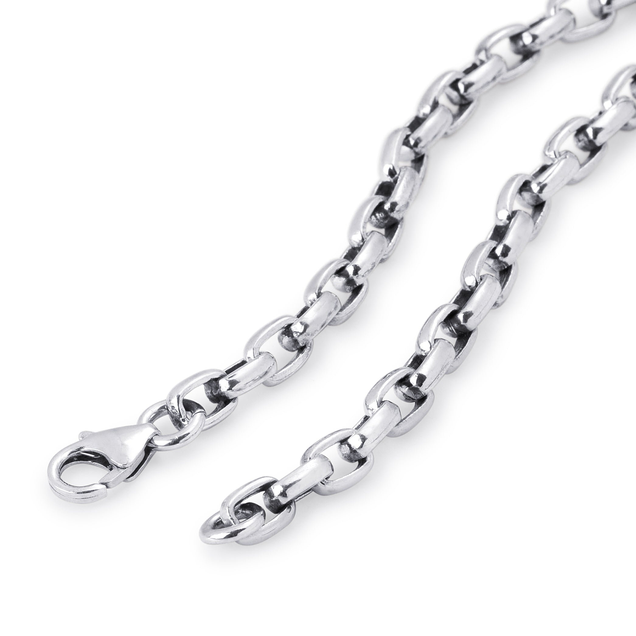 A close-up of a polished silver-tone metal chain with interlocking oval links and a lobster clasp, photographed on a clean white background.
