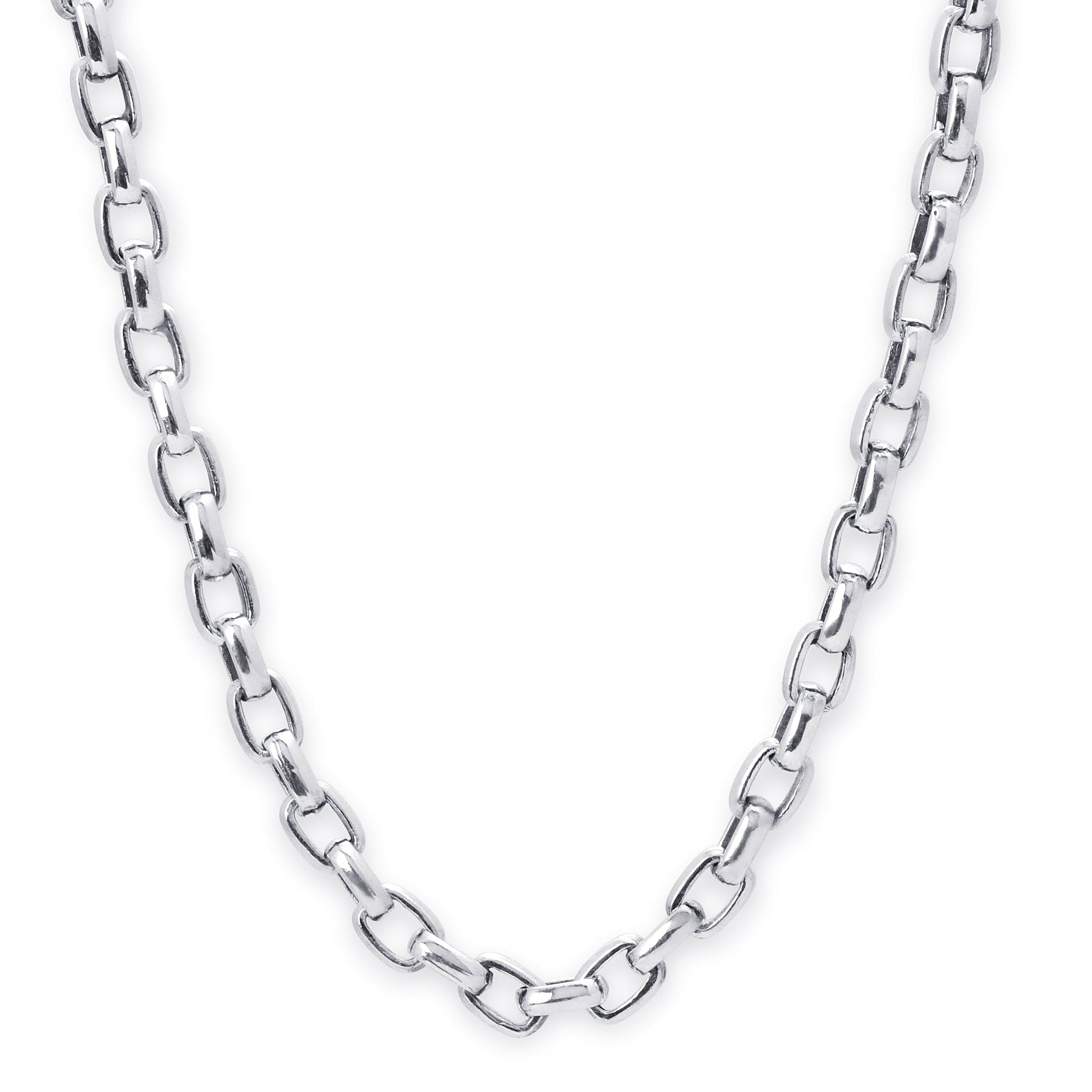 A silver-toned metal chain necklace with elongated oval links, displayed against a plain white background.
