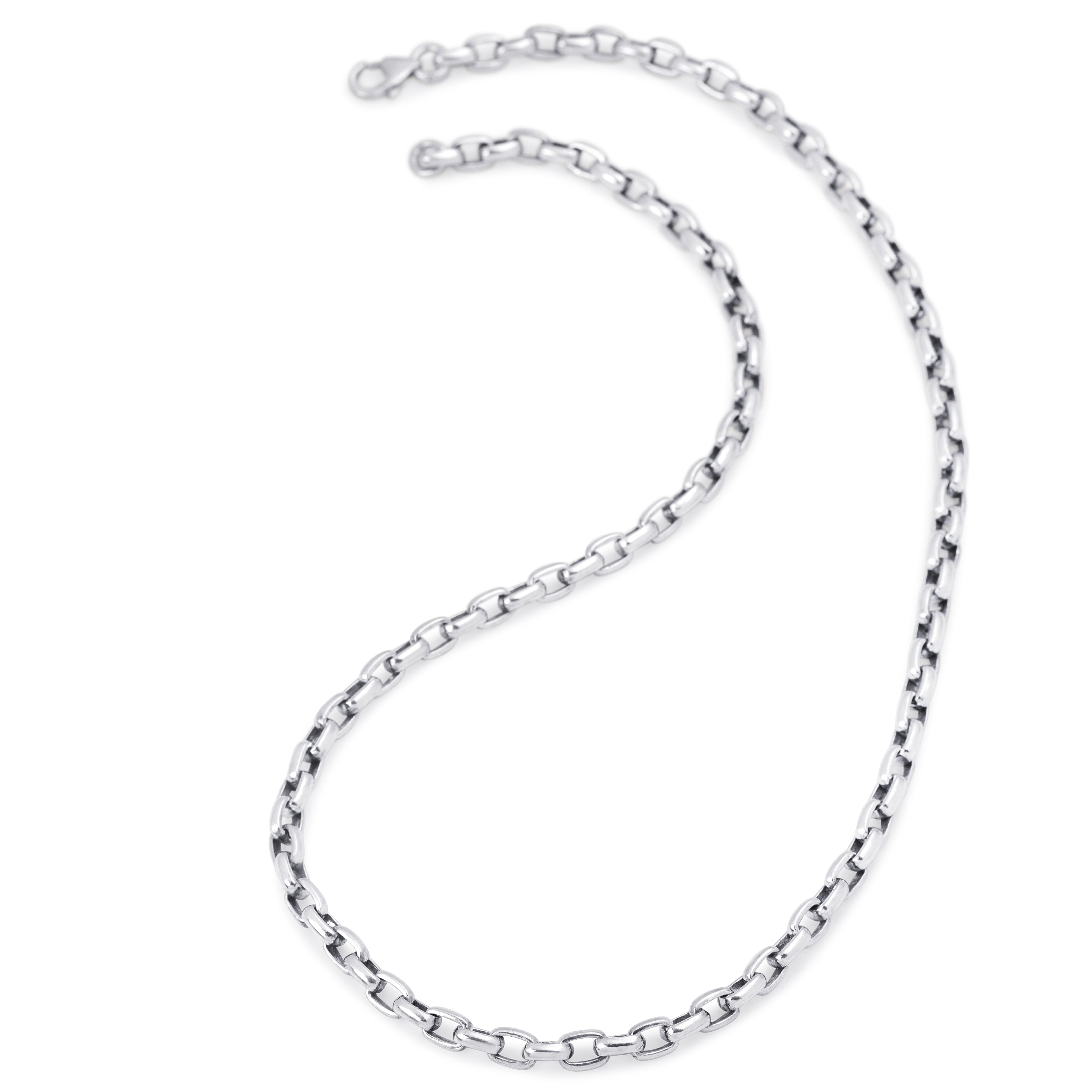 A silver-toned metal chain necklace with a classic curb link design, displayed in a curved S-shape against a plain white background.