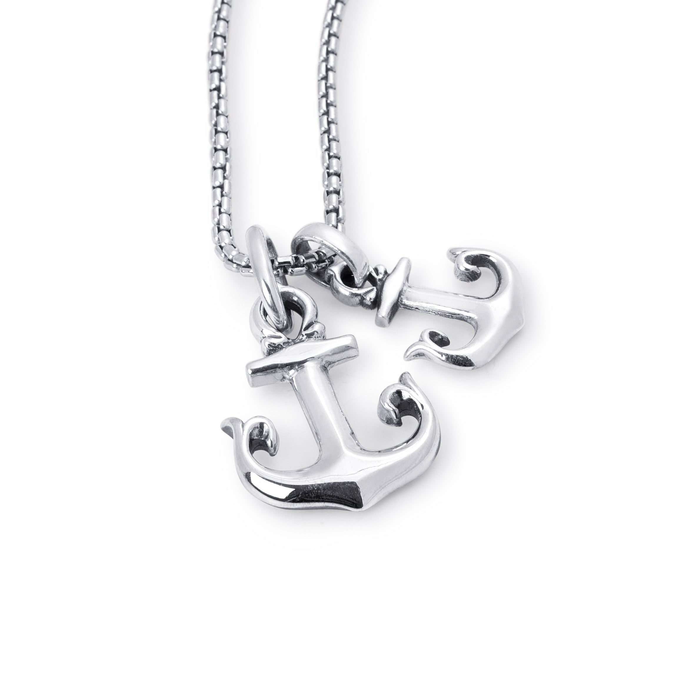 A silver anchor pendant necklace with a matching box chain, shown against a plain white background.