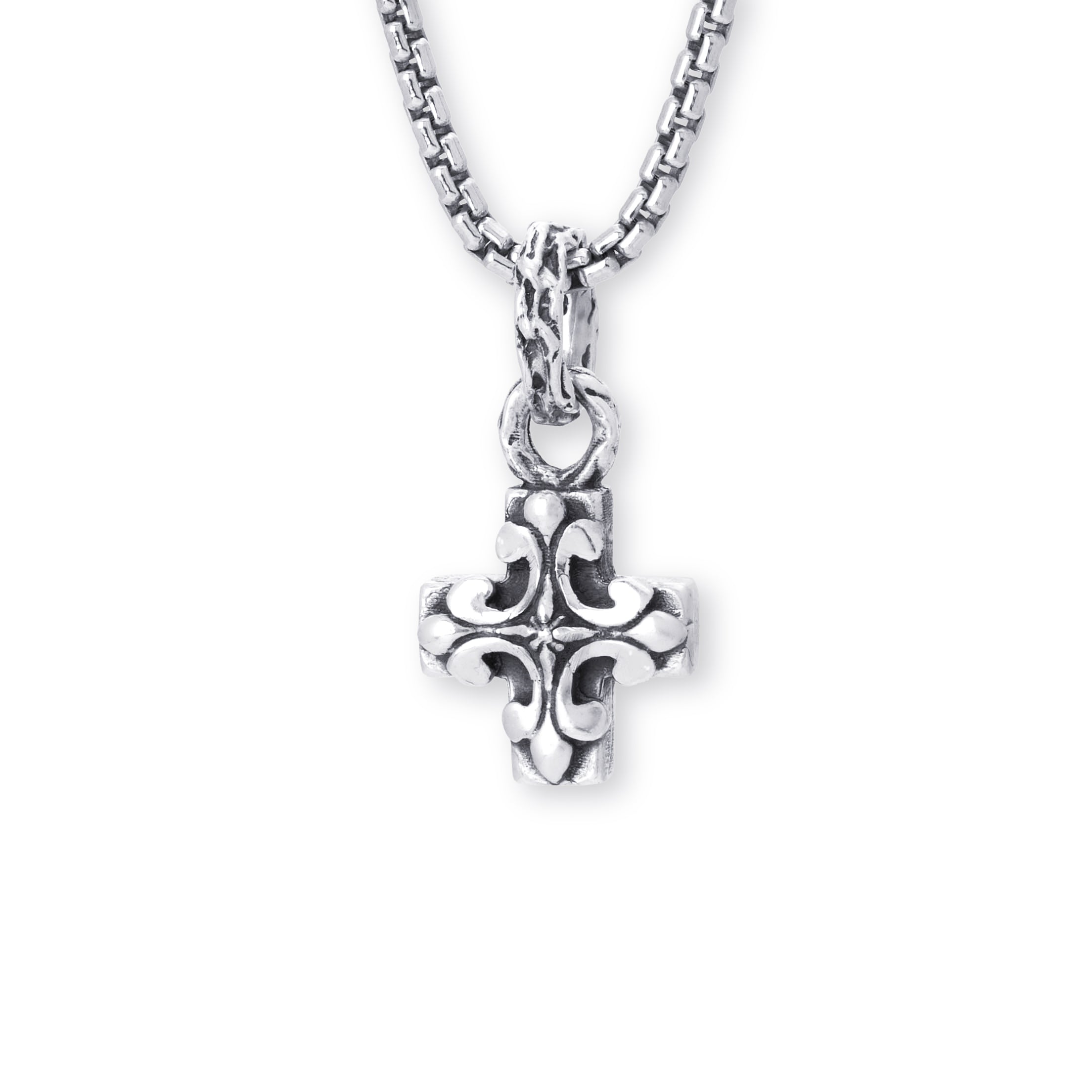 A sterling silver pendant necklace with an ornate, textured filigree design, suspended from a matching silver box chain against a plain white background.