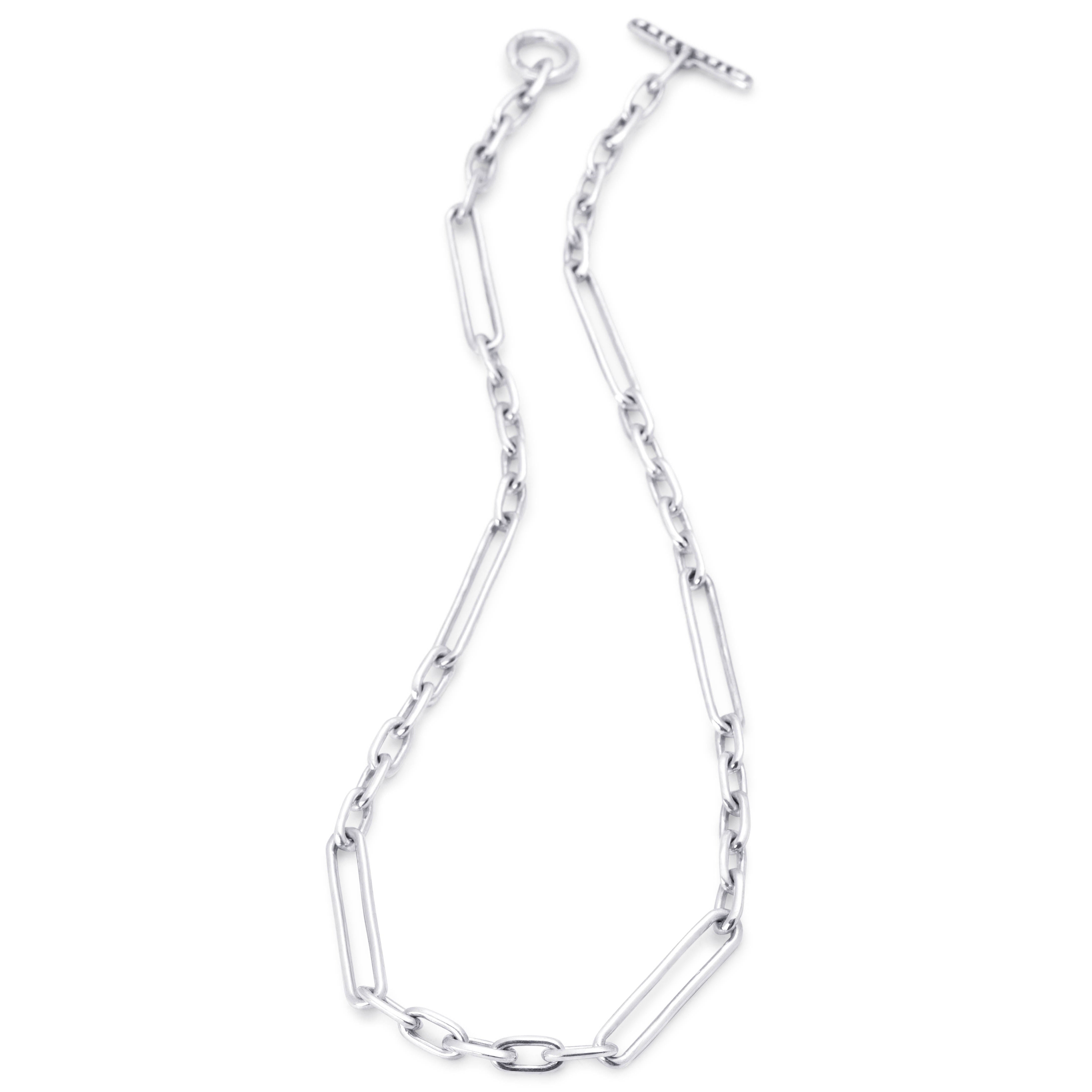 A silver paperclip chain necklace with a toggle clasp, displayed on a clean white background.