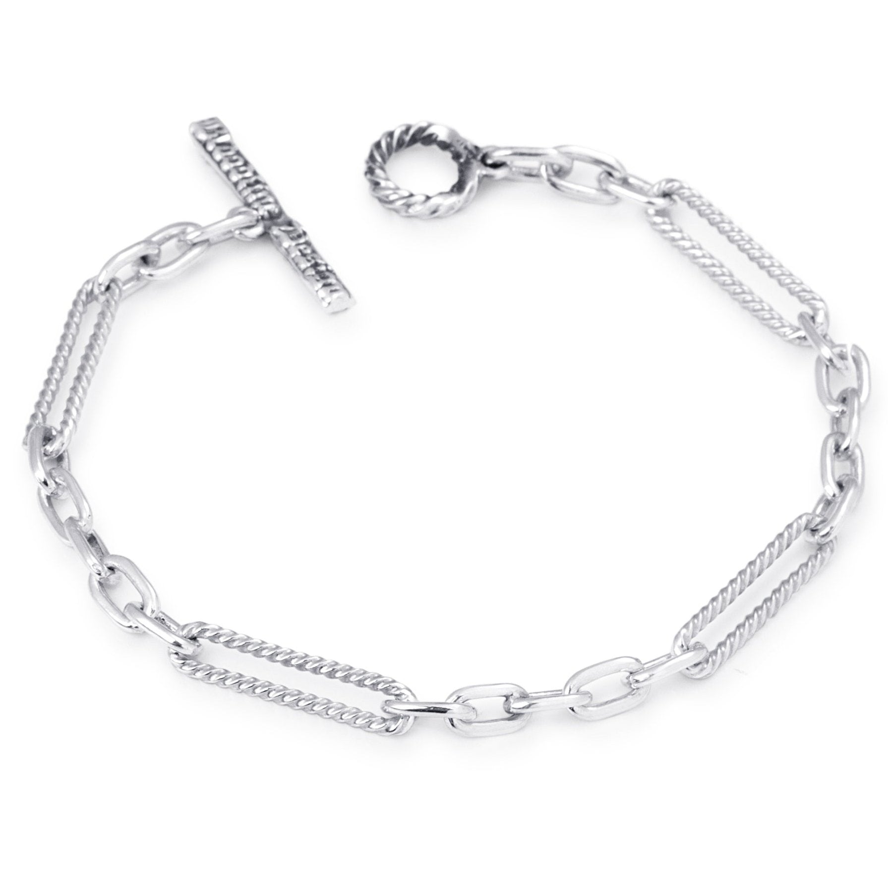 solid sterling silver combination of our medium open links and hand-wrapped twisted links to make a unique ,timeless bracelet 