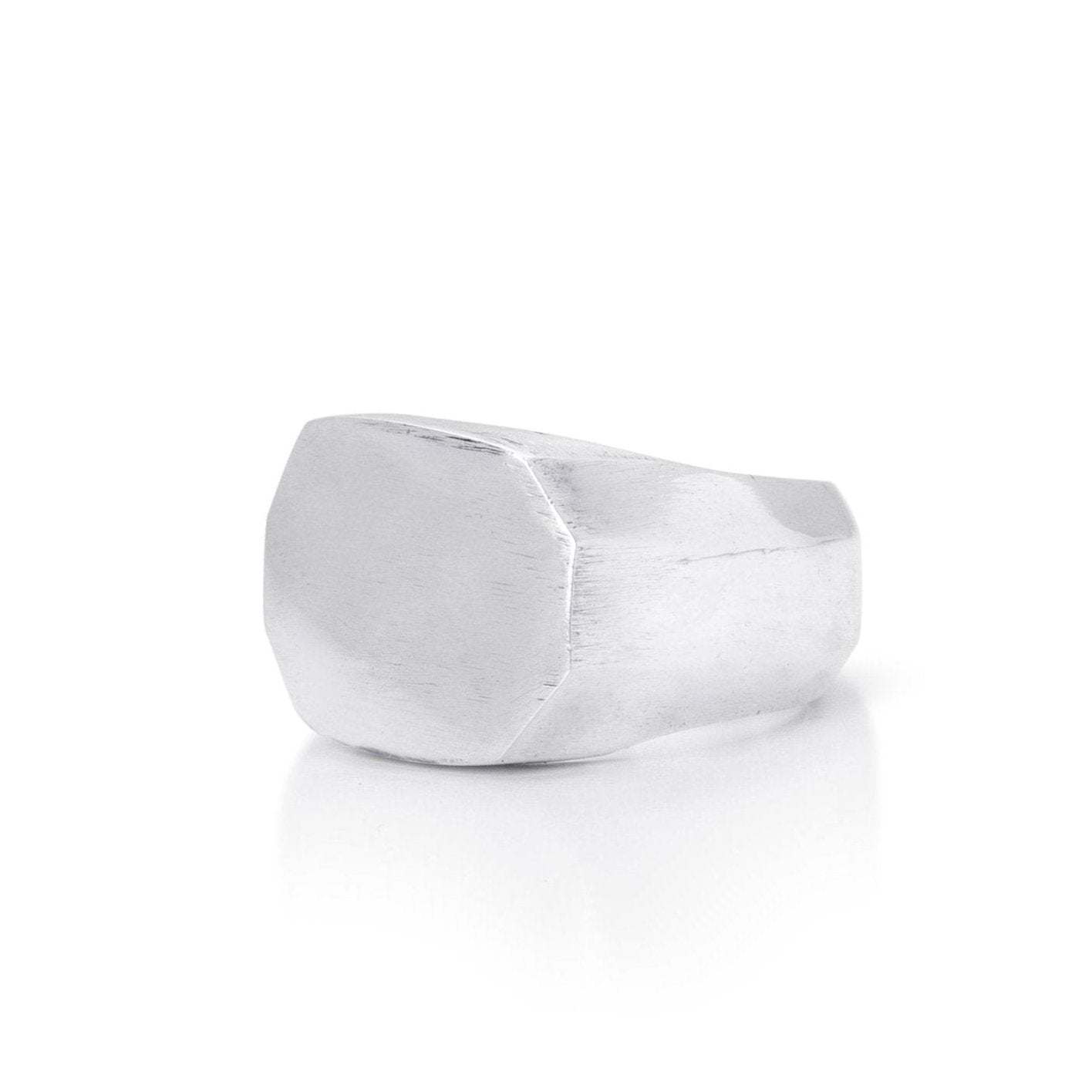 an angle shot of the Forged octagonal Signet Ring In Sterling Silver