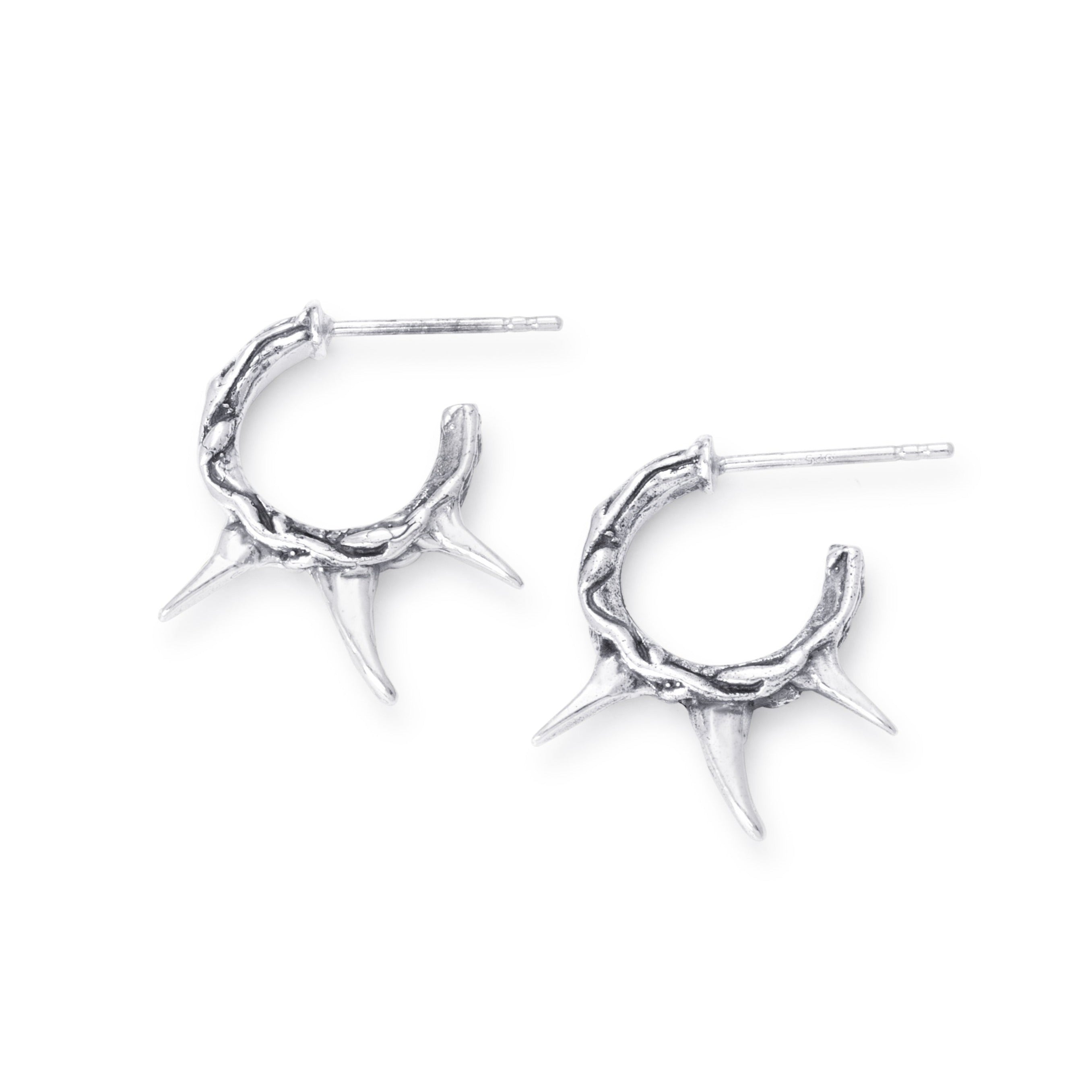 Solid Sterling Silver hoop studs with a vine texture and three thorns.