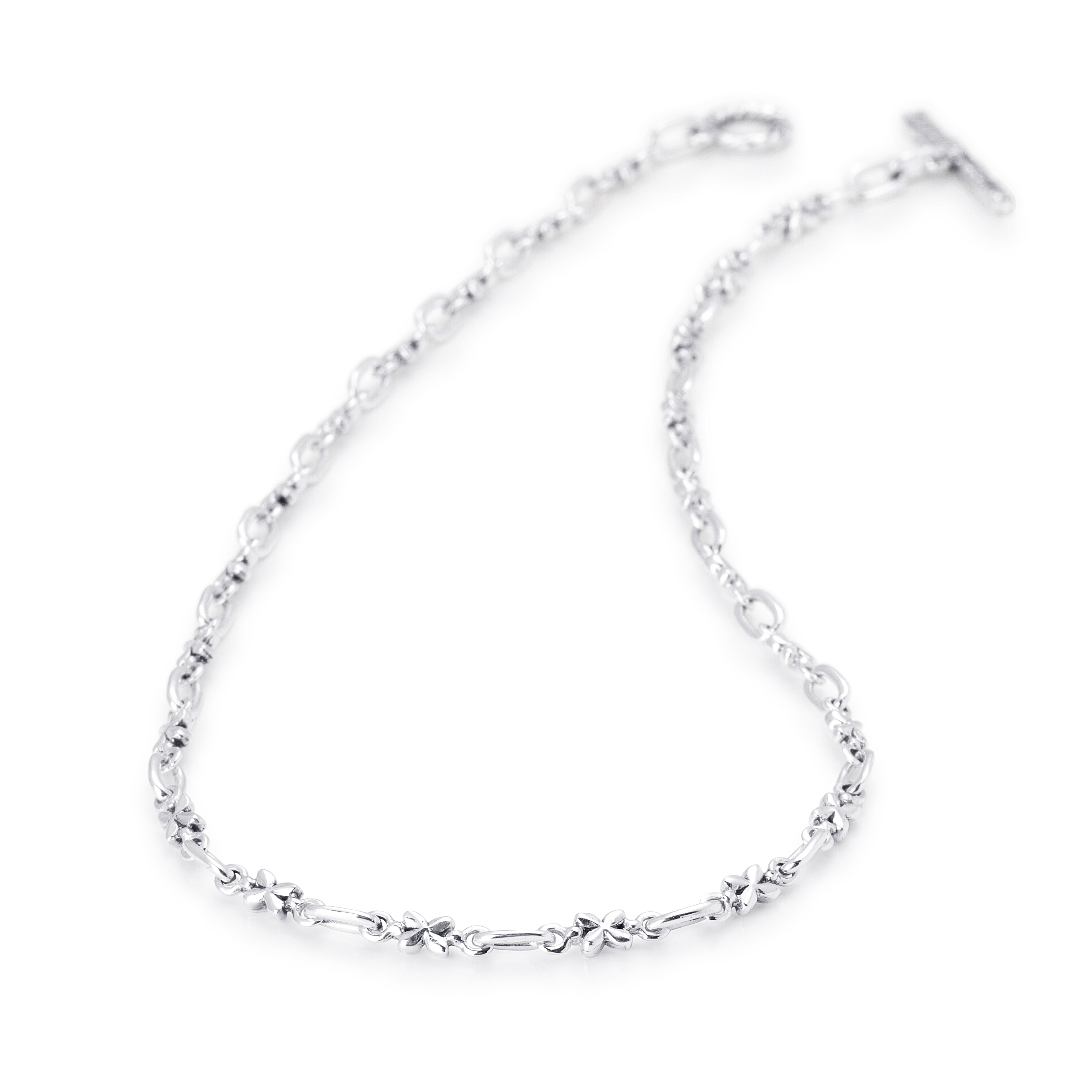 Solid Sterling Silver petite floral patterned links joined with classic open links, T-toggle clasp 